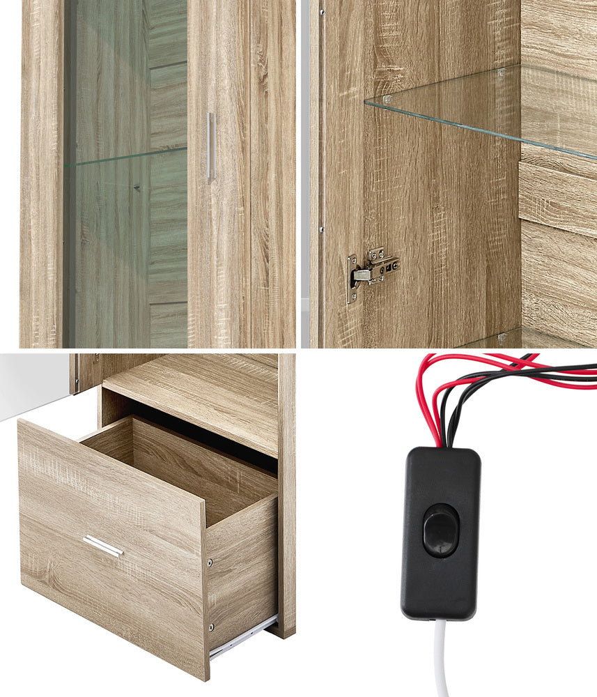 Oikiture Display Cabinet Buffet Sideboard LED Light High Gloss Door Natural-Sideboard-PEROZ Accessories