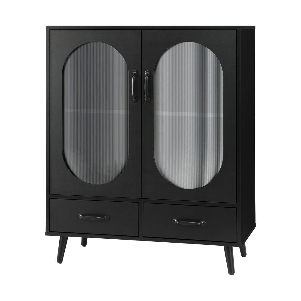 Oikiture Sideboard Buffet Cabinet with Pull Up Drawers, Glass Doors and 2 Tier Storage Cabinet Coffee Bar Table-Sideboards-PEROZ Accessories