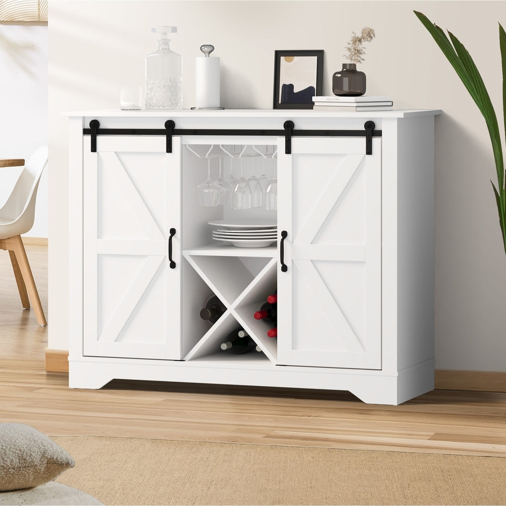 Oikiture Sideboard Buffet Wine Rack Sliding Door 5 Shelves White-Sideboard-PEROZ Accessories