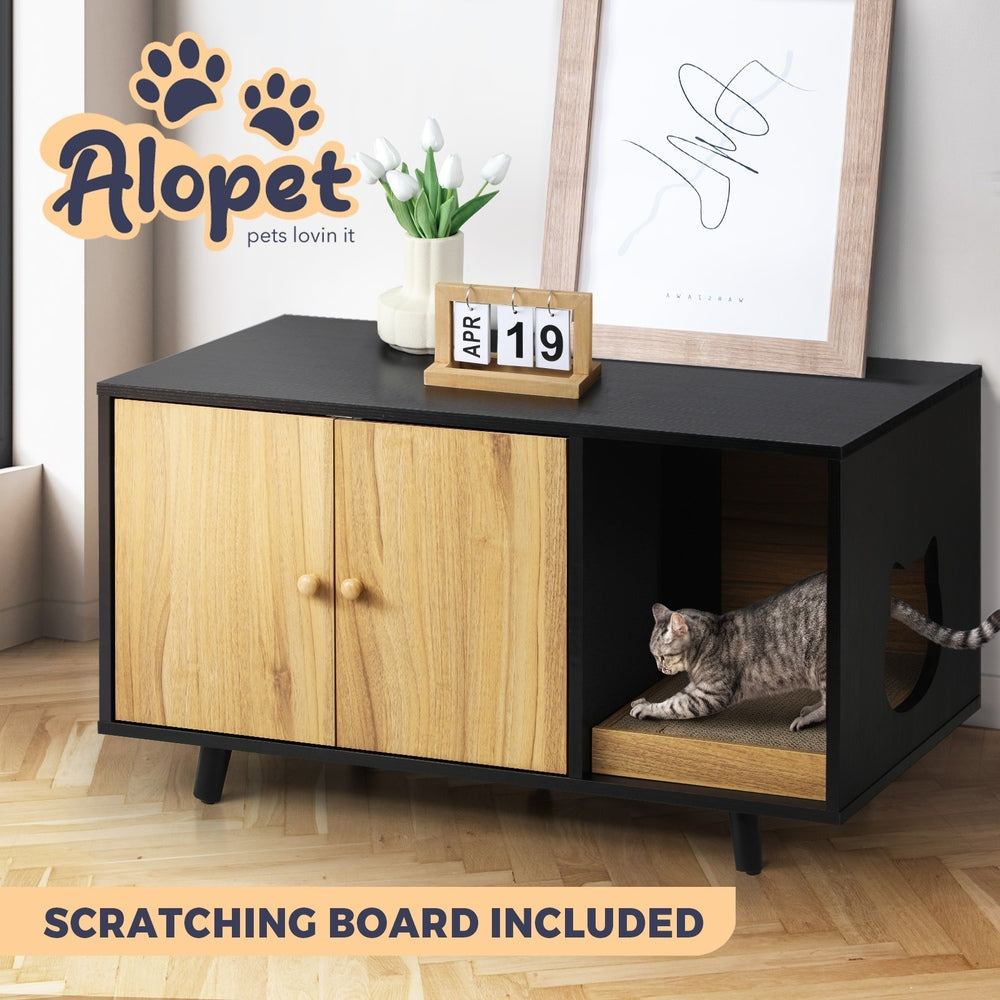Alopet Cat Litter Box Enclosure Wooden Side Table Storage Cabinet W/ Scratcher-Sideboards-PEROZ Accessories