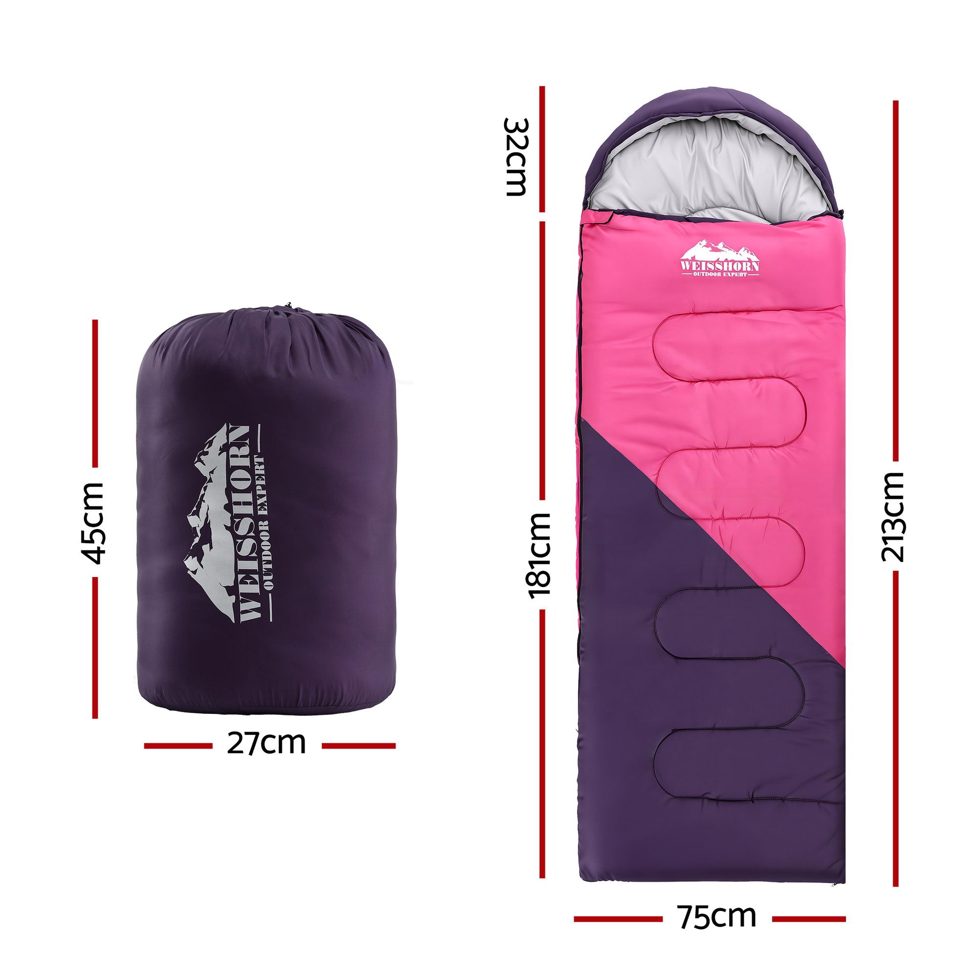 Weisshorn Sleeping Bag Single 213cm Thermal Camping Hiking Pink-Outdoor Recreation > Camping > Sleeping Bags-PEROZ Accessories