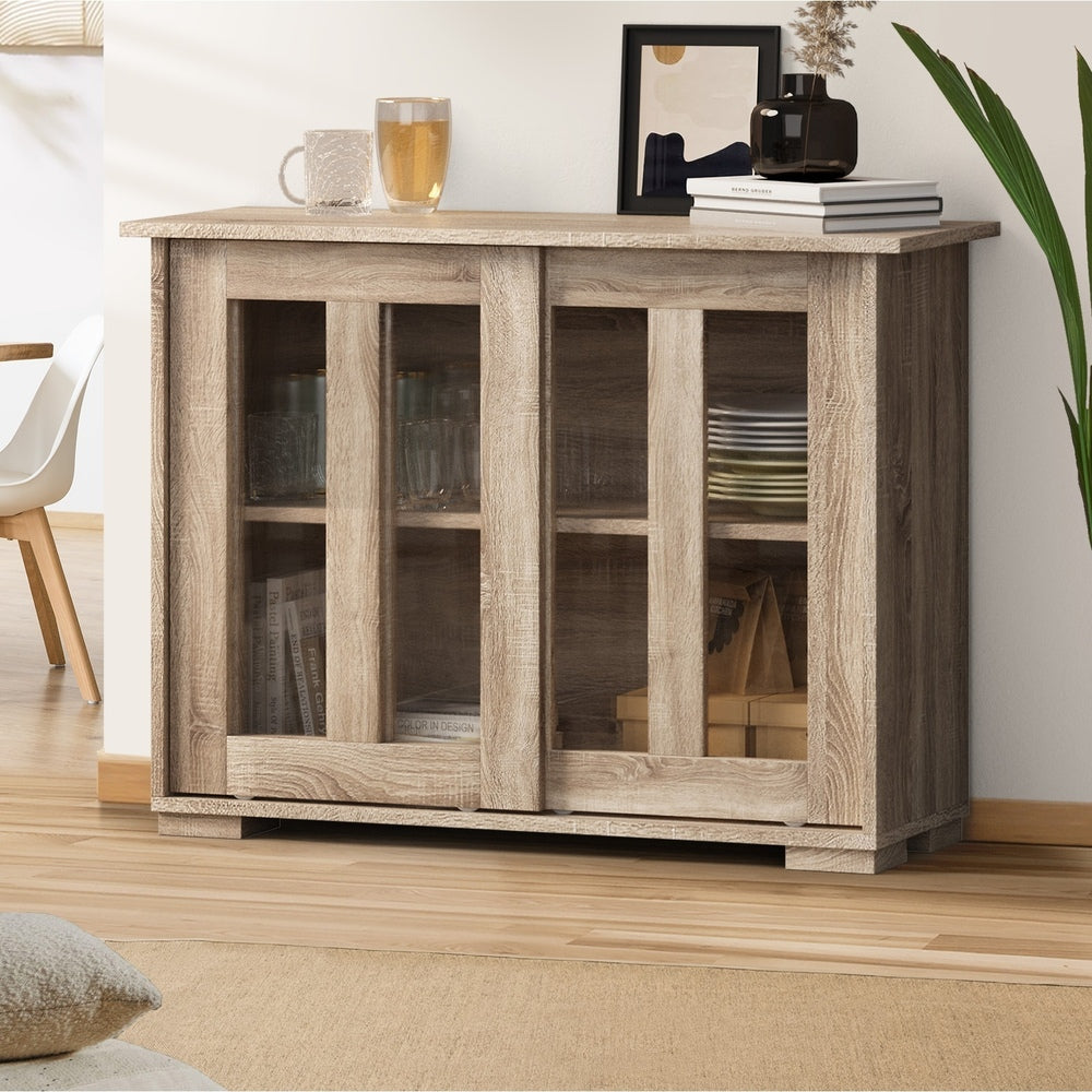 Oikiture Sideboard Buffet Glass Sliding Door Natural-Sideboard-PEROZ Accessories