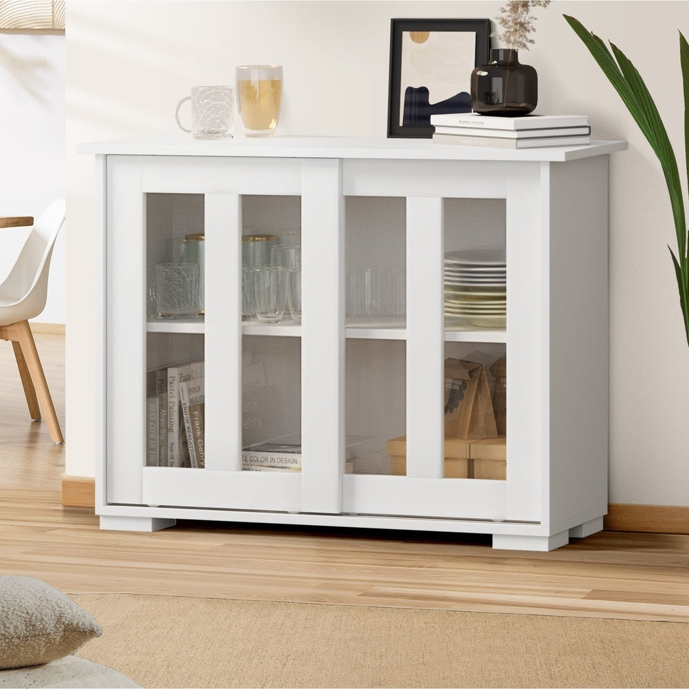 Oikiture Sideboard Buffet Glass Sliding Door White-Sideboard-PEROZ Accessories