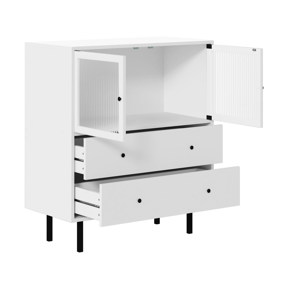 Oikiture Sideboard Tempered Glass Door 2 Drawers White-Sideboards-PEROZ Accessories