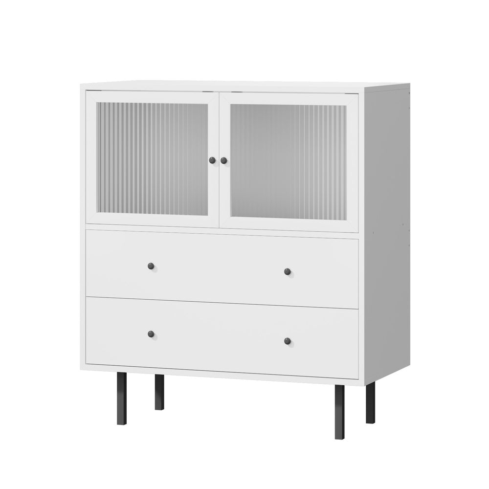 Oikiture Sideboard Tempered Glass Door 2 Drawers White-Sideboards-PEROZ Accessories