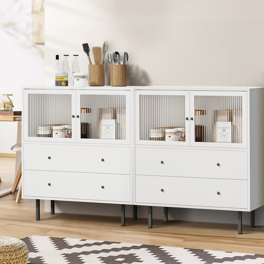 Oikiture 2x Buffet Sideboard Cupboard Glass Doors White-Sideboard-PEROZ Accessories