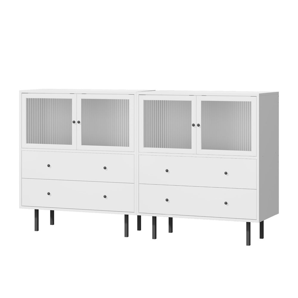 Oikiture 2x Buffet Sideboard Cupboard Glass Doors White-Sideboard-PEROZ Accessories