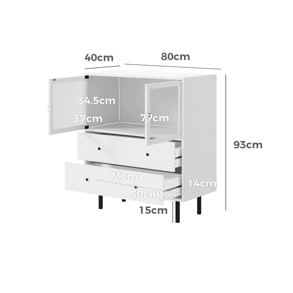 Oikiture 2x Buffet Sideboard Cupboard Glass Doors White-Sideboard-PEROZ Accessories