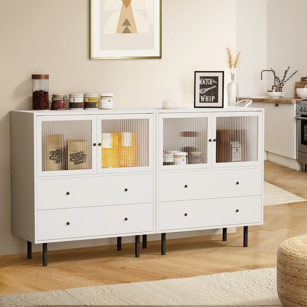 Oikiture 2x Buffet Sideboard Cupboard Glass Doors White-Sideboard-PEROZ Accessories