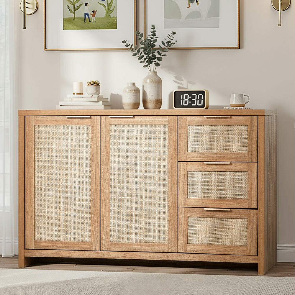 Oikiture Buffet Sideboard Cabinet Rattan 3 Drawer Hallway Table-Sideboard-PEROZ Accessories