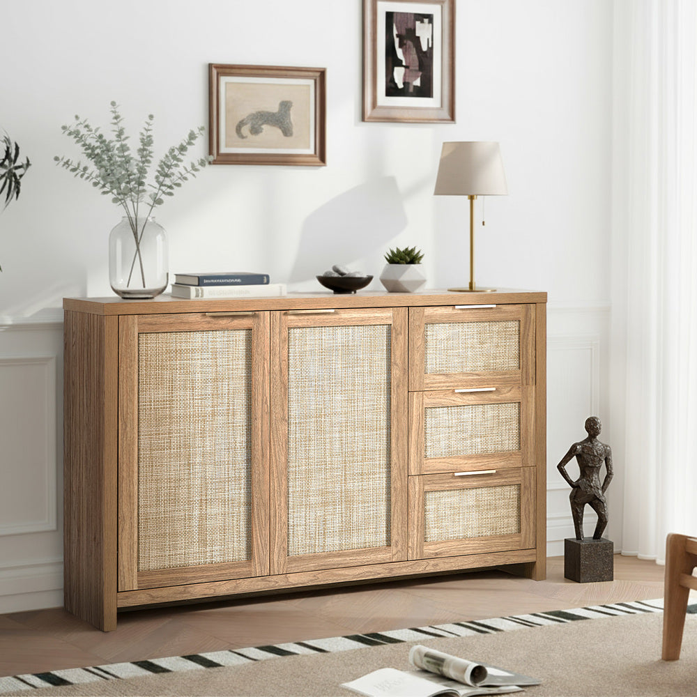 Oikiture Buffet Sideboard Cabinet Rattan 3 Drawer Hallway Table-Sideboard-PEROZ Accessories