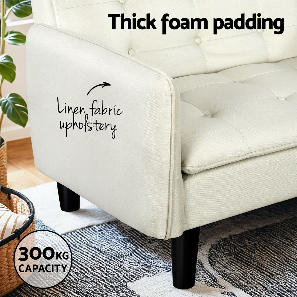 Artiss Sofa Bed 3 Seater Tufted Faux Linen Beige-Furniture > Living Room-PEROZ Accessories