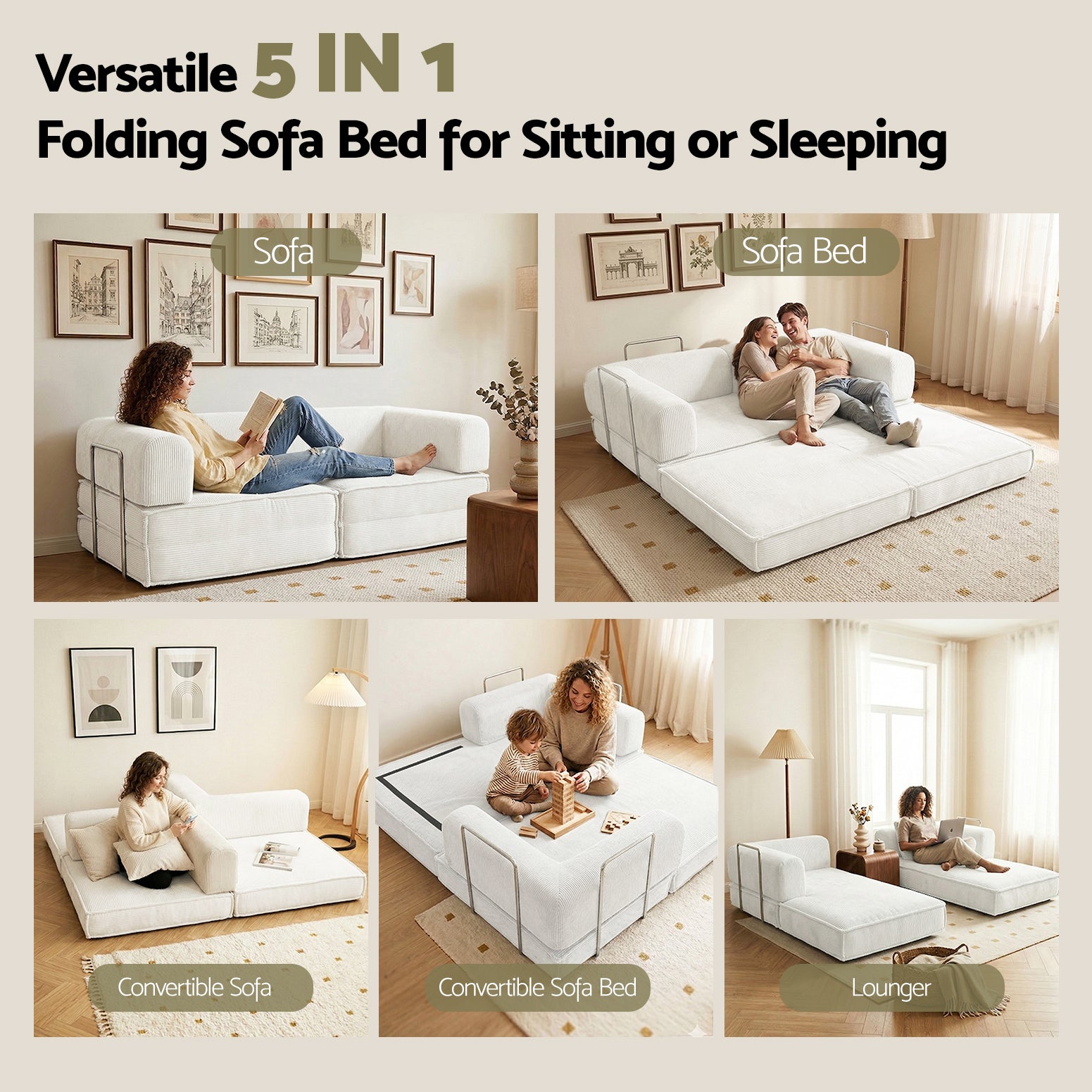 Artiss Convertible Folding Sofa Bed Beign-Furniture > Sofas > Sofas & Sofa Beds-PEROZ Accessories