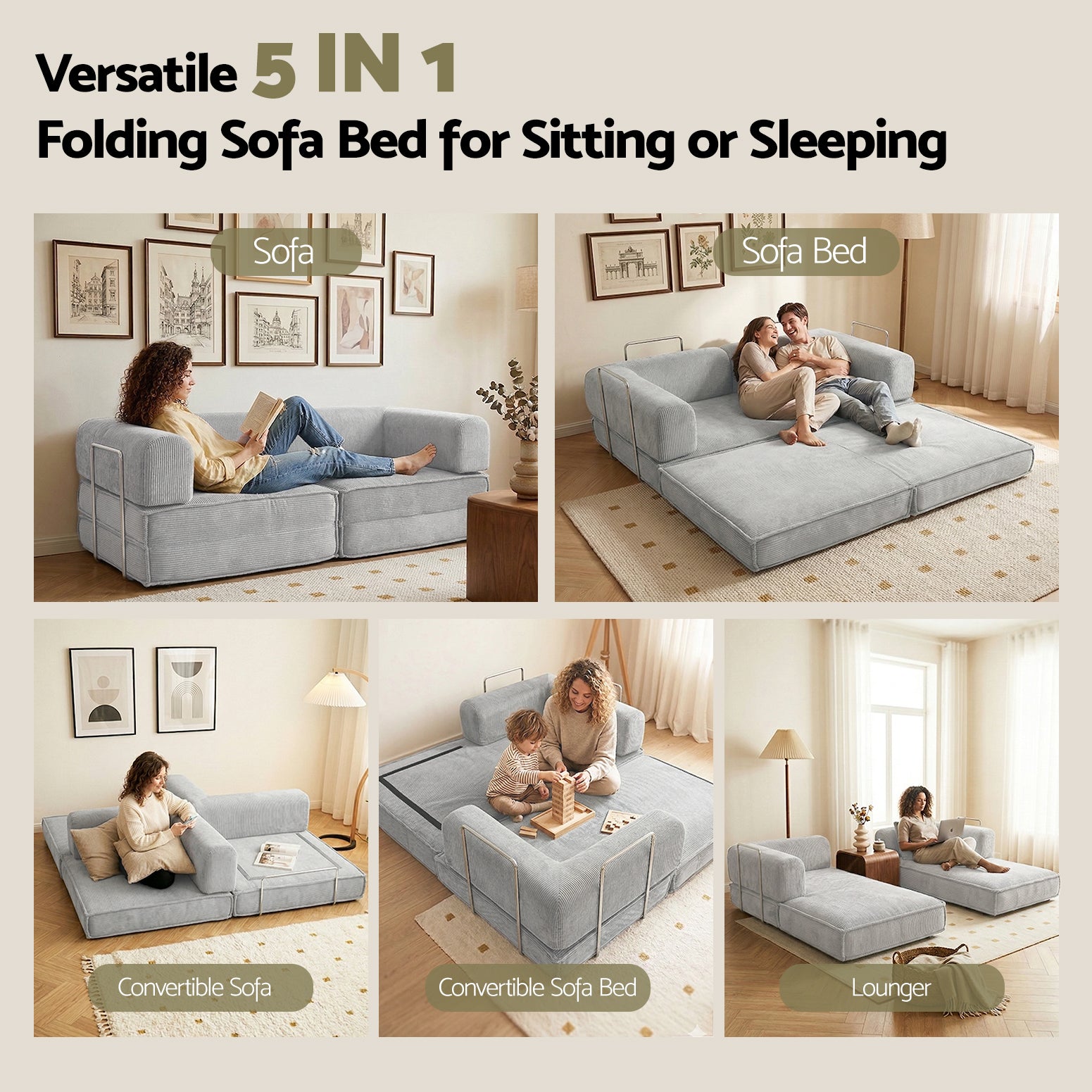Artiss Convertible Folding Sofa Bed Grey-Furniture > Sofas > Sofas & Sofa Beds-PEROZ Accessories