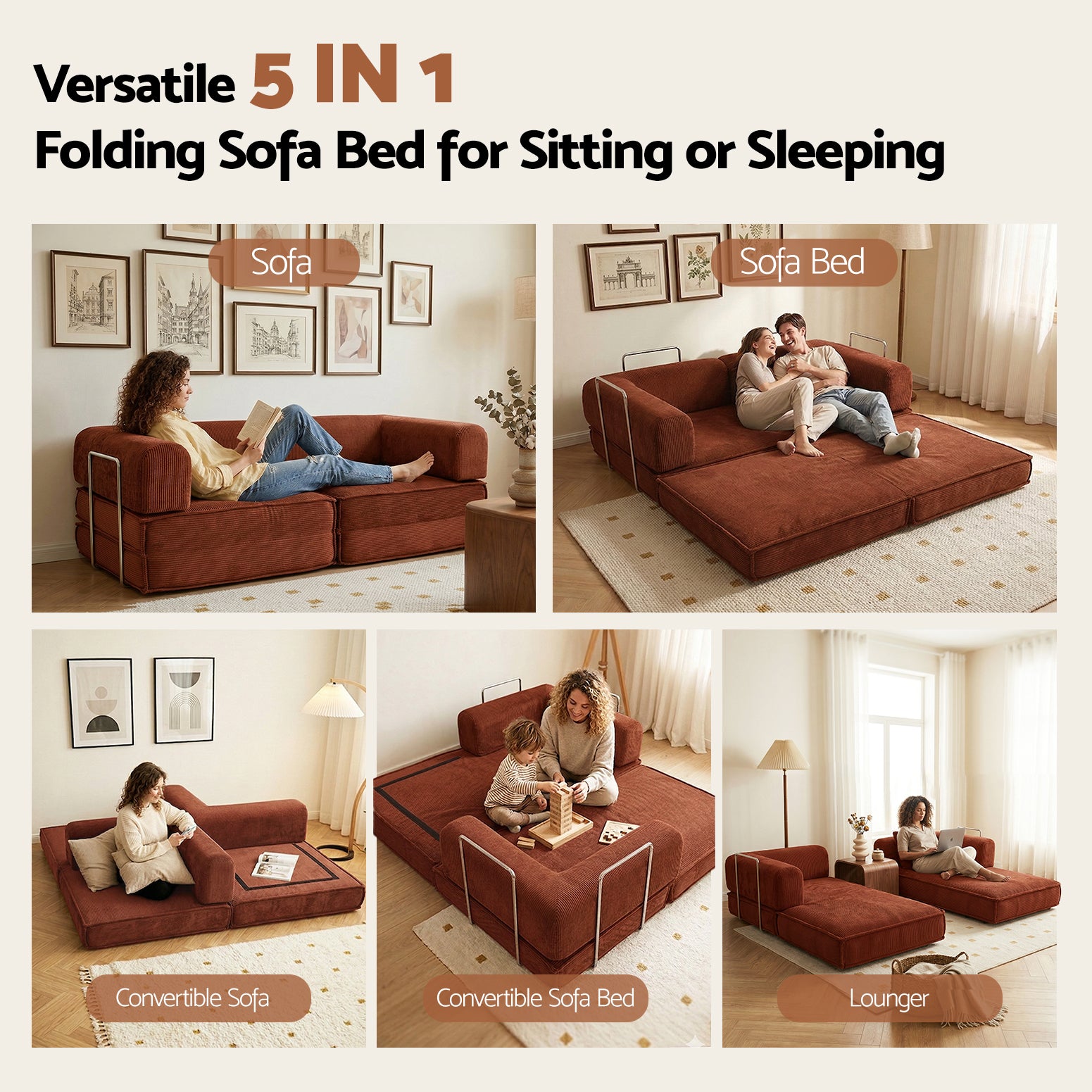 Artiss Convertible Folding Sofa Bed Orange-Furniture > Sofas > Sofas & Sofa Beds-PEROZ Accessories