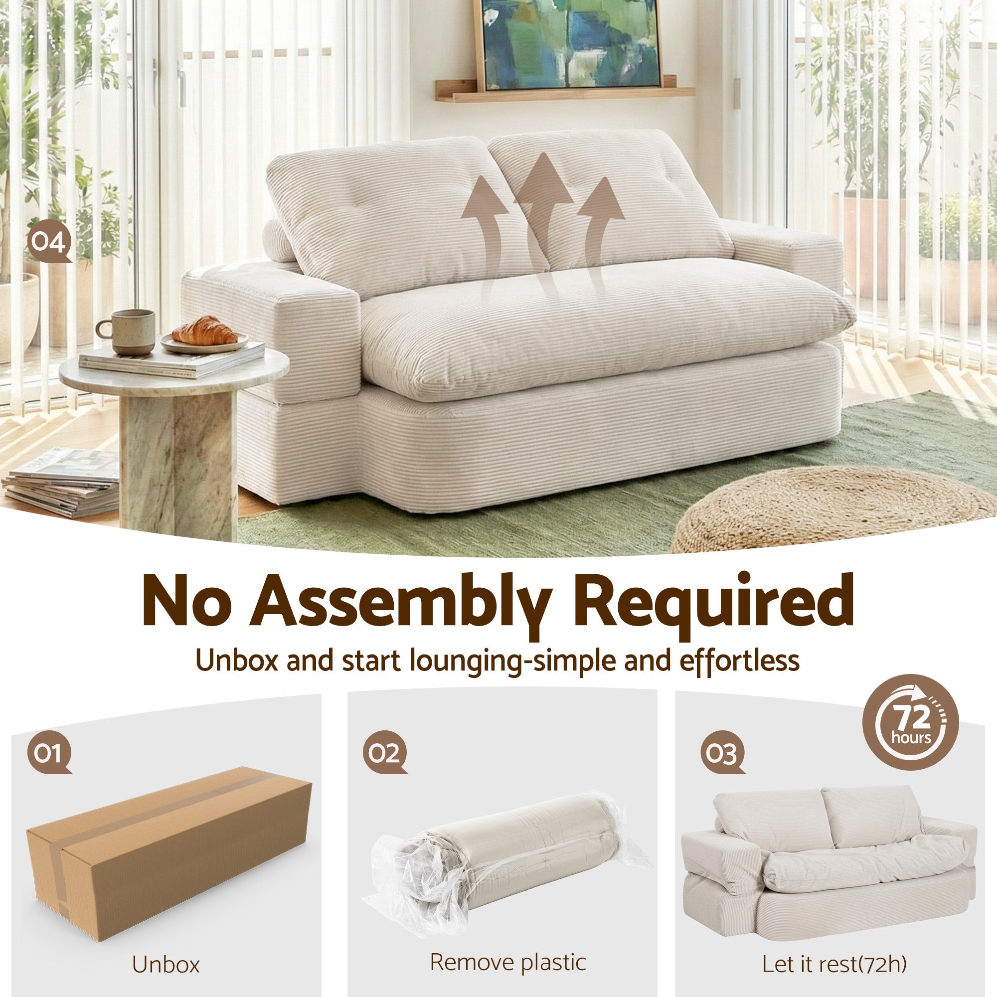 Artiss Convertible Folding Sofa Bed 30D High-Density Foam Boneless Couch with Corduroy Sleeper Couch Lounger for Living Room Beign-Furniture > Sofas > Sofas & Sofa Beds-PEROZ Accessories