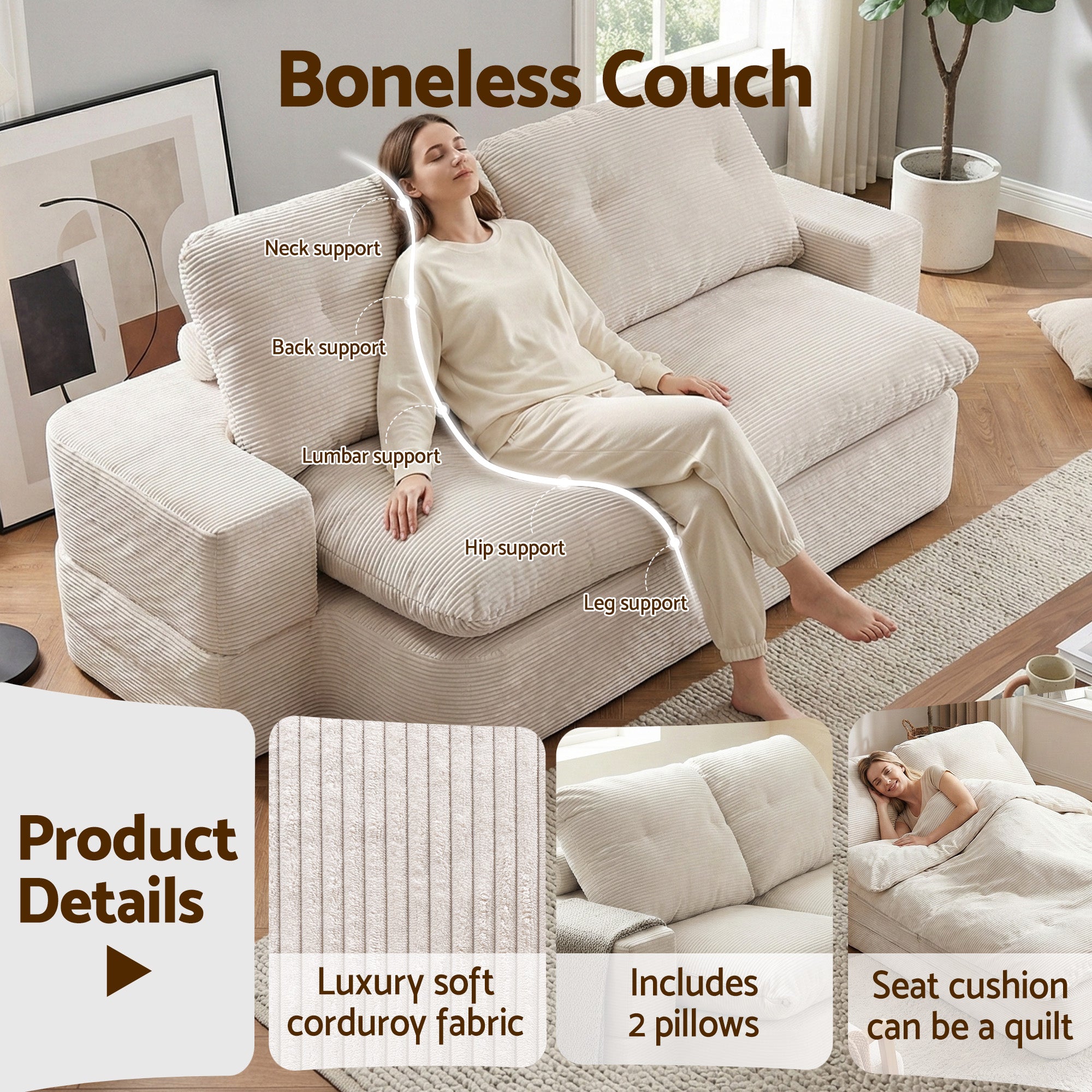 Artiss Convertible Folding Sofa Bed 30D High-Density Foam Boneless Couch with Corduroy Sleeper Couch Lounger for Living Room Beign-Furniture > Sofas > Sofas & Sofa Beds-PEROZ Accessories