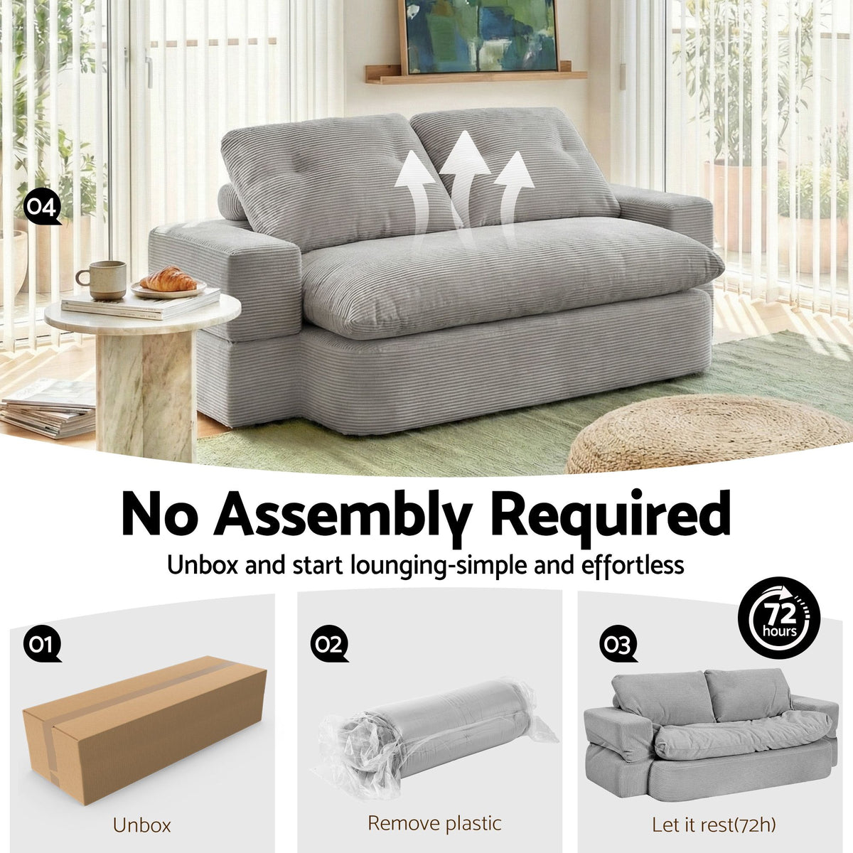 Artiss Convertible Folding Sofa Bed 30D High-Density Foam Boneless Couch with Corduroy Sleeper Couch Lounger for Living Room Grey-Furniture > Sofas > Sofas & Sofa Beds-PEROZ Accessories