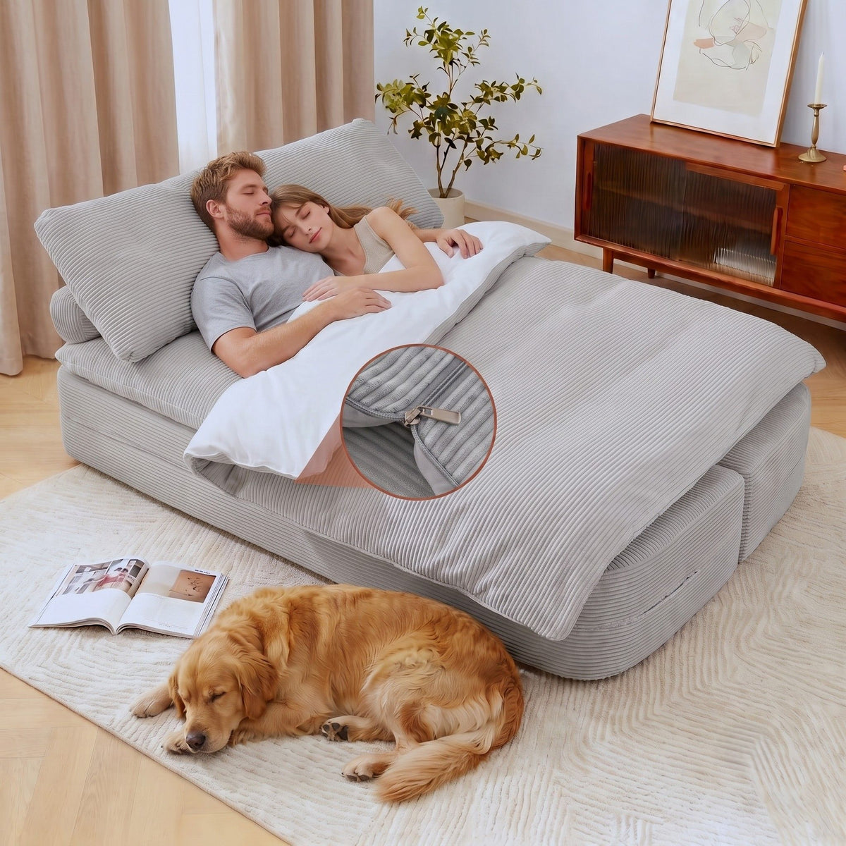 Artiss Convertible Folding Sofa Bed 30D High-Density Foam Boneless Couch with Corduroy Sleeper Couch Lounger for Living Room Grey-Furniture > Sofas > Sofas & Sofa Beds-PEROZ Accessories