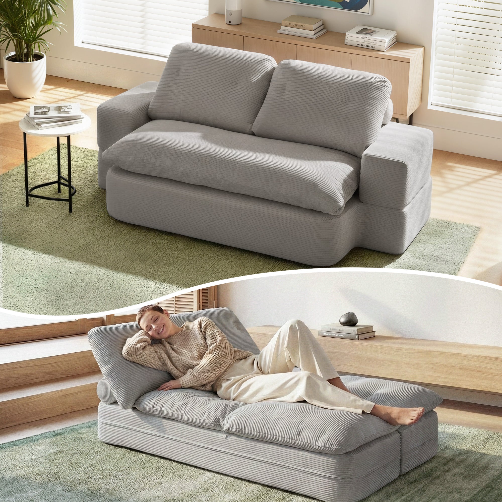 Artiss Convertible Folding Sofa Bed 30D High-Density Foam Boneless Couch with Corduroy Sleeper Couch Lounger for Living Room Grey-Furniture > Sofas > Sofas & Sofa Beds-PEROZ Accessories