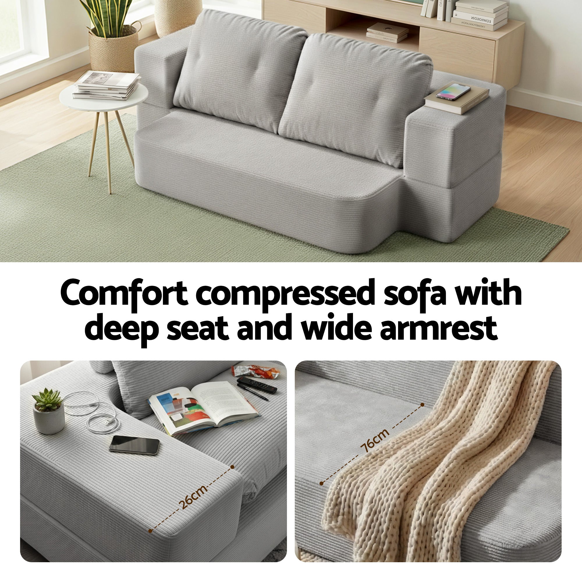 Artiss Convertible Folding Sofa Bed 30D High-Density Foam Boneless Couch with Corduroy Sleeper Couch Lounger for Living Room Grey-Furniture > Sofas > Sofas & Sofa Beds-PEROZ Accessories