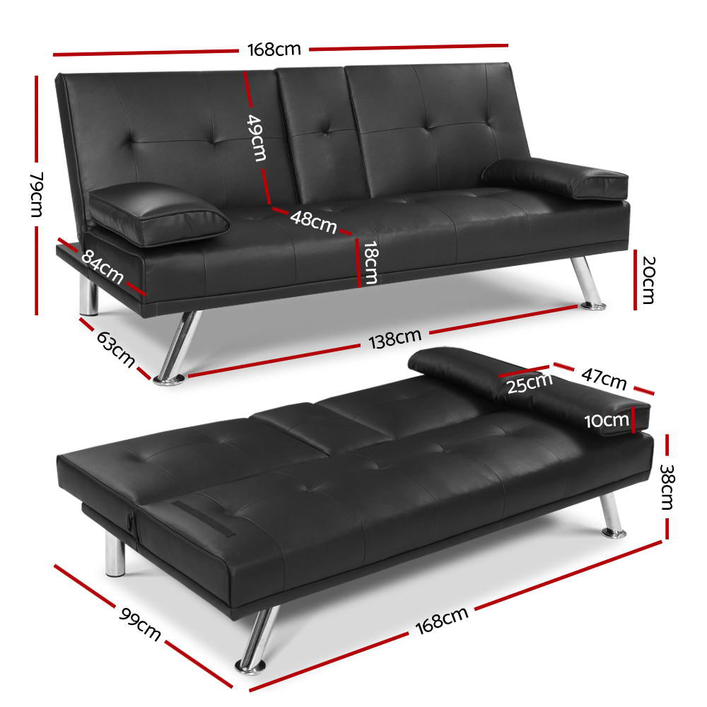 Artiss Sofa Bed 168CM Black PU Leather-Furniture > Sofas-PEROZ Accessories
