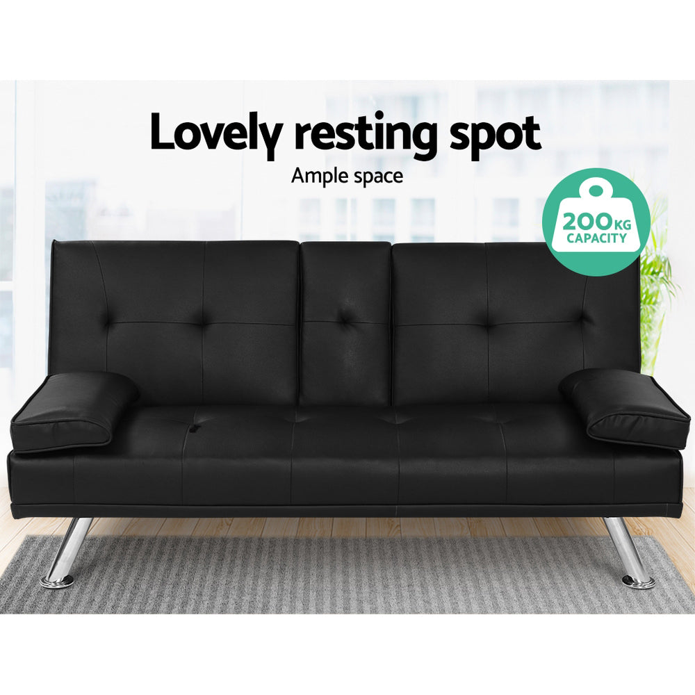 Artiss Sofa Bed 168CM Black PU Leather-Furniture > Sofas-PEROZ Accessories