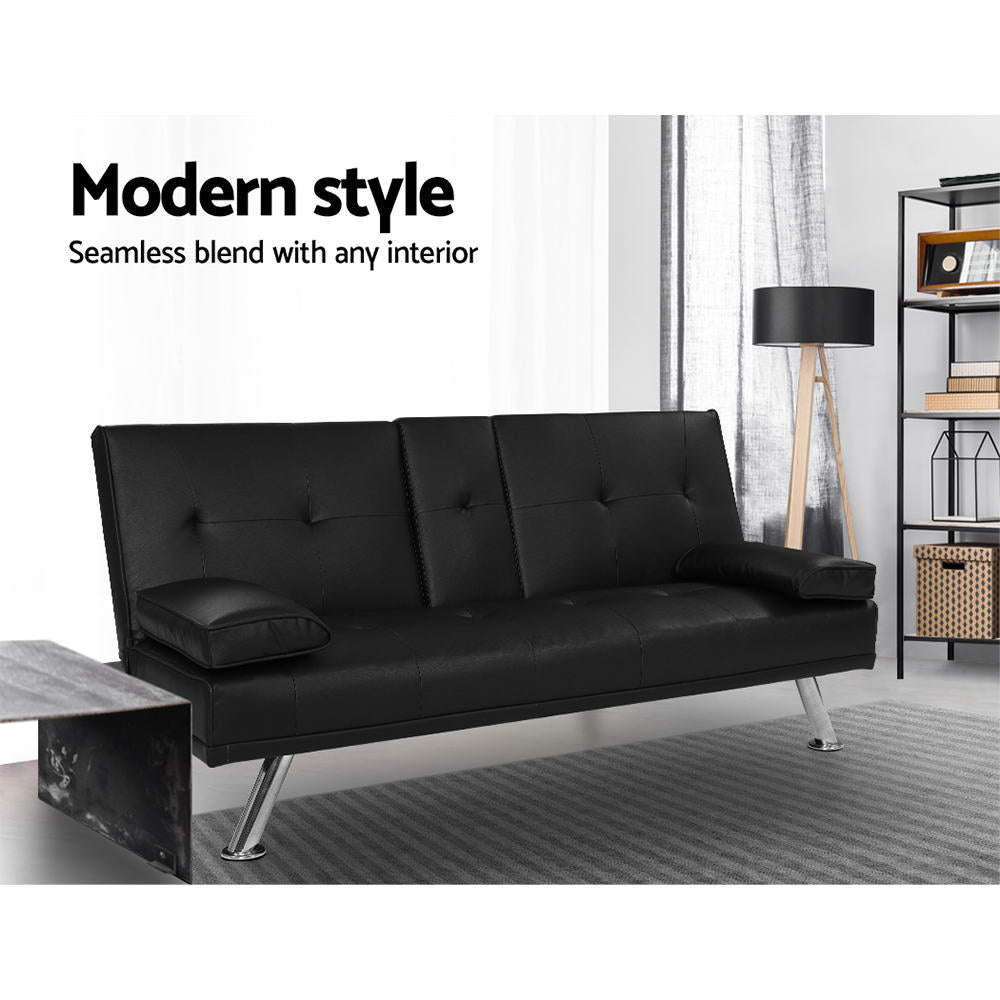 Artiss Sofa Bed 168CM Black PU Leather-Furniture > Sofas-PEROZ Accessories