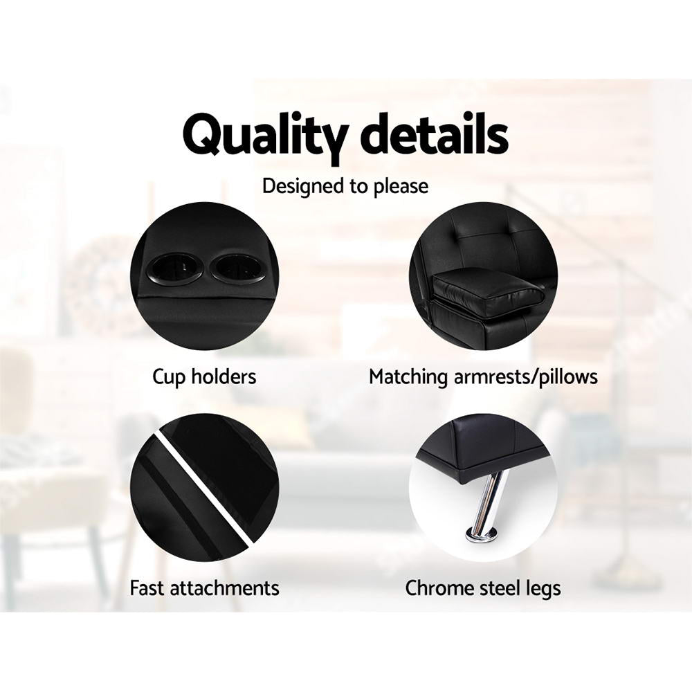 Artiss Sofa Bed 168CM Black PU Leather-Furniture > Sofas-PEROZ Accessories