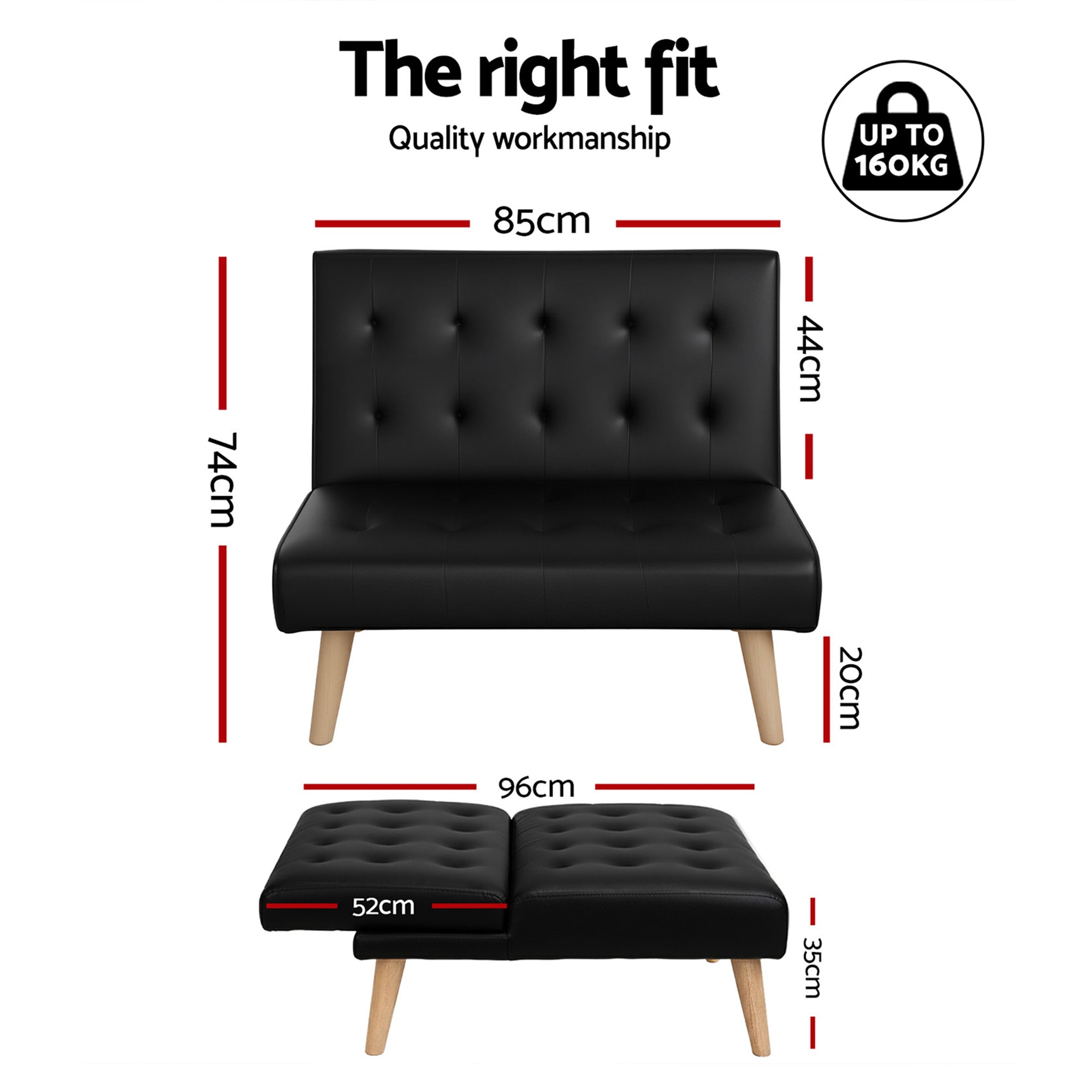 Artiss Sofa Bed Couch 2 Seater Lounge Fabric Black-Furniture > Sofas > Sofas & Sofa Beds-PEROZ Accessories