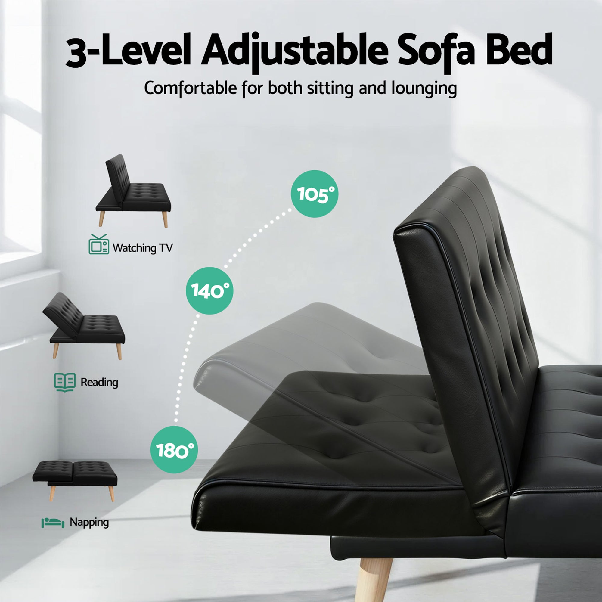 Artiss Sofa Bed Couch 2 Seater Lounge Fabric Black-Furniture > Sofas > Sofas & Sofa Beds-PEROZ Accessories