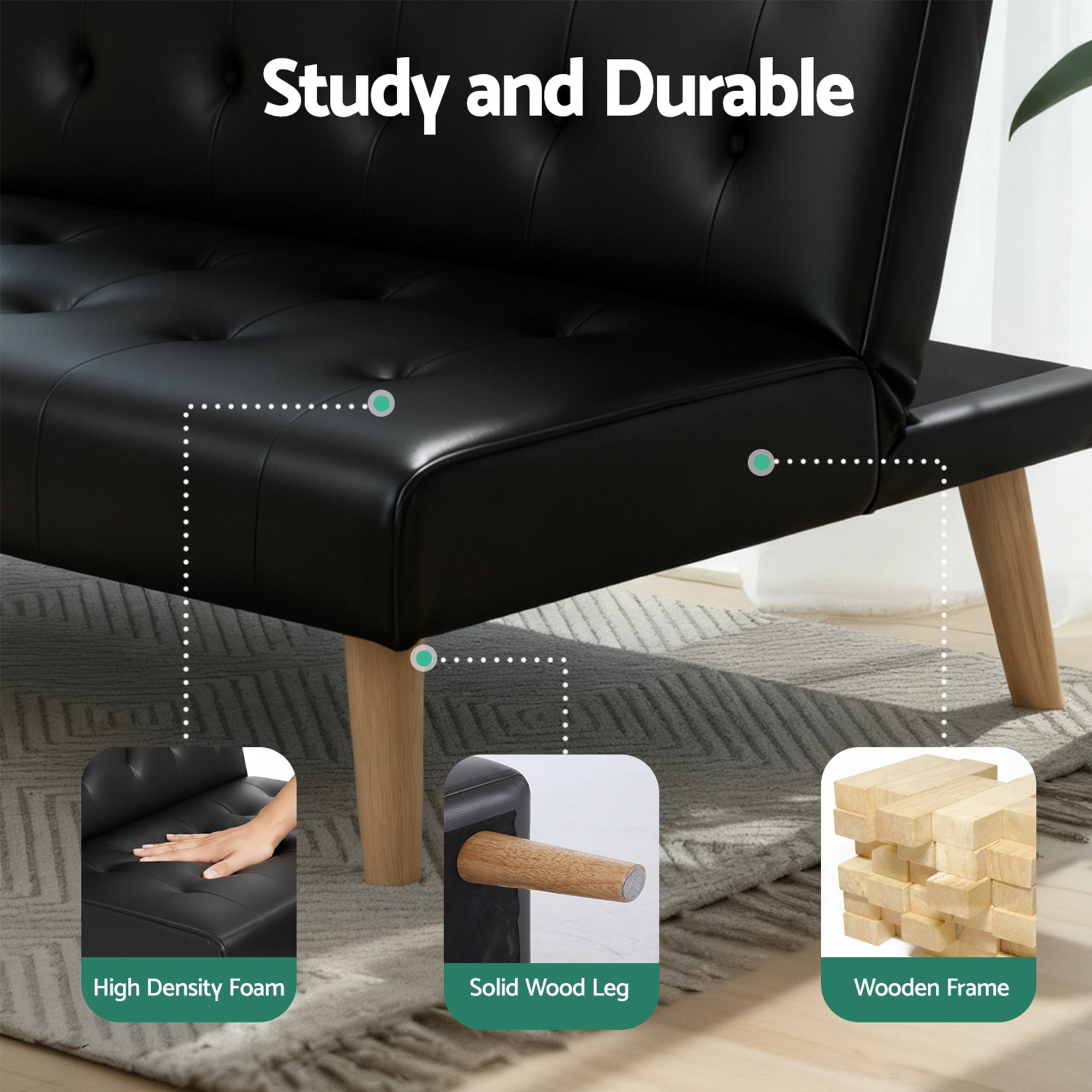 Artiss Sofa Bed Couch 2 Seater Lounge Fabric Black-Furniture > Sofas > Sofas & Sofa Beds-PEROZ Accessories