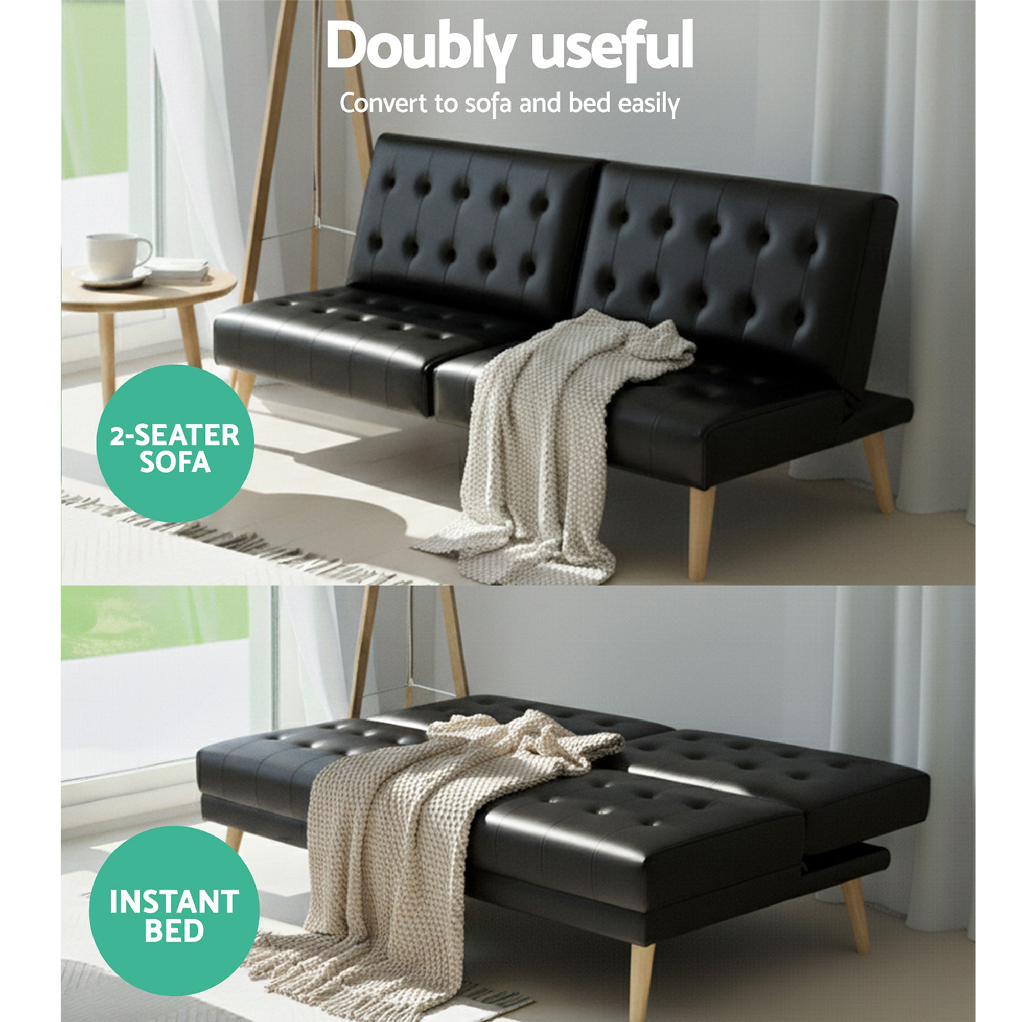 Artiss Sofa Bed Couch 2 Seater Lounge Fabric Black-Furniture > Sofas > Sofas & Sofa Beds-PEROZ Accessories