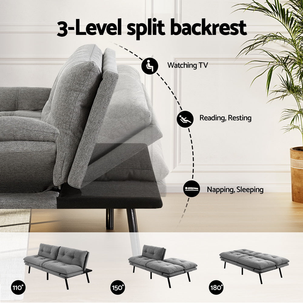 Artiss Sofa Bed Convertible 3 Seater Couch Recliner Lounge Chair Fabric Grey-Furniture > Sofas > Sofas & Sofa Beds-PEROZ Accessories