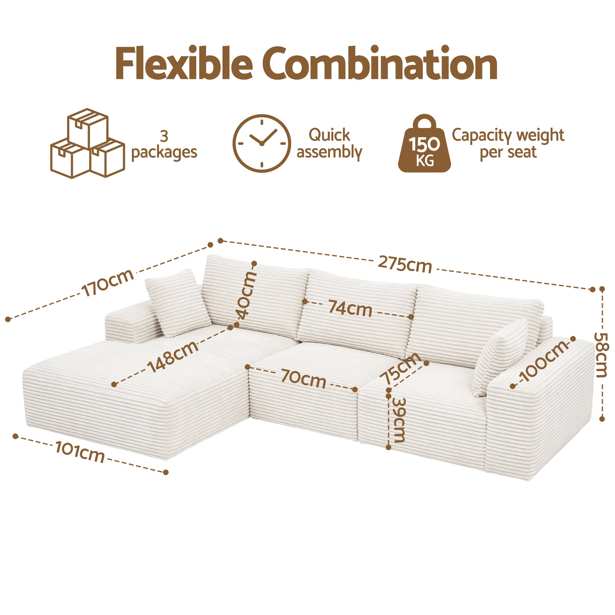 Artiss 3 Seater Modular Sofa Bed Sectional Boneless Couches for Living Room Corduroy Compressed Sofa White-Furniture > Sofas > Sofas & Sofa Beds-PEROZ Accessories