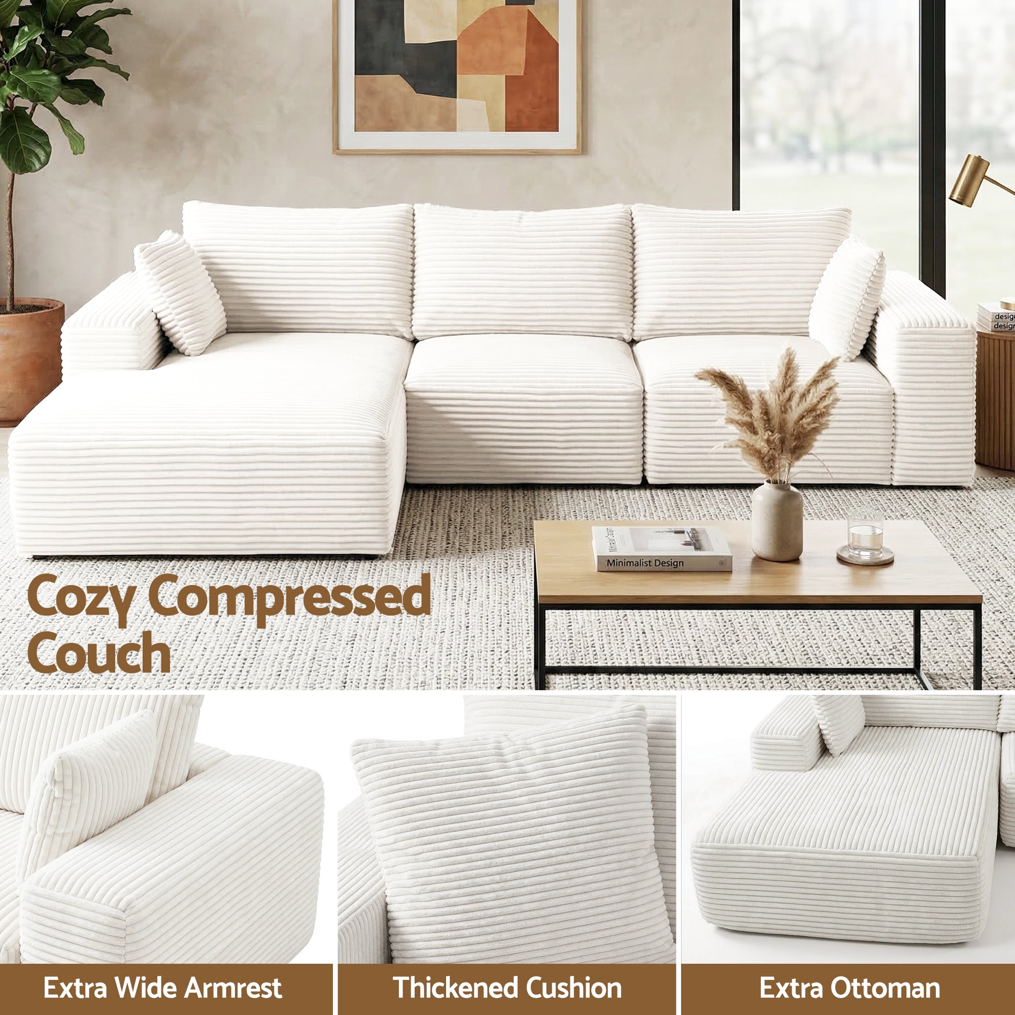 Artiss 3 Seater Modular Sofa Bed Sectional Boneless Couches for Living Room Corduroy Compressed Sofa White-Furniture > Sofas > Sofas & Sofa Beds-PEROZ Accessories