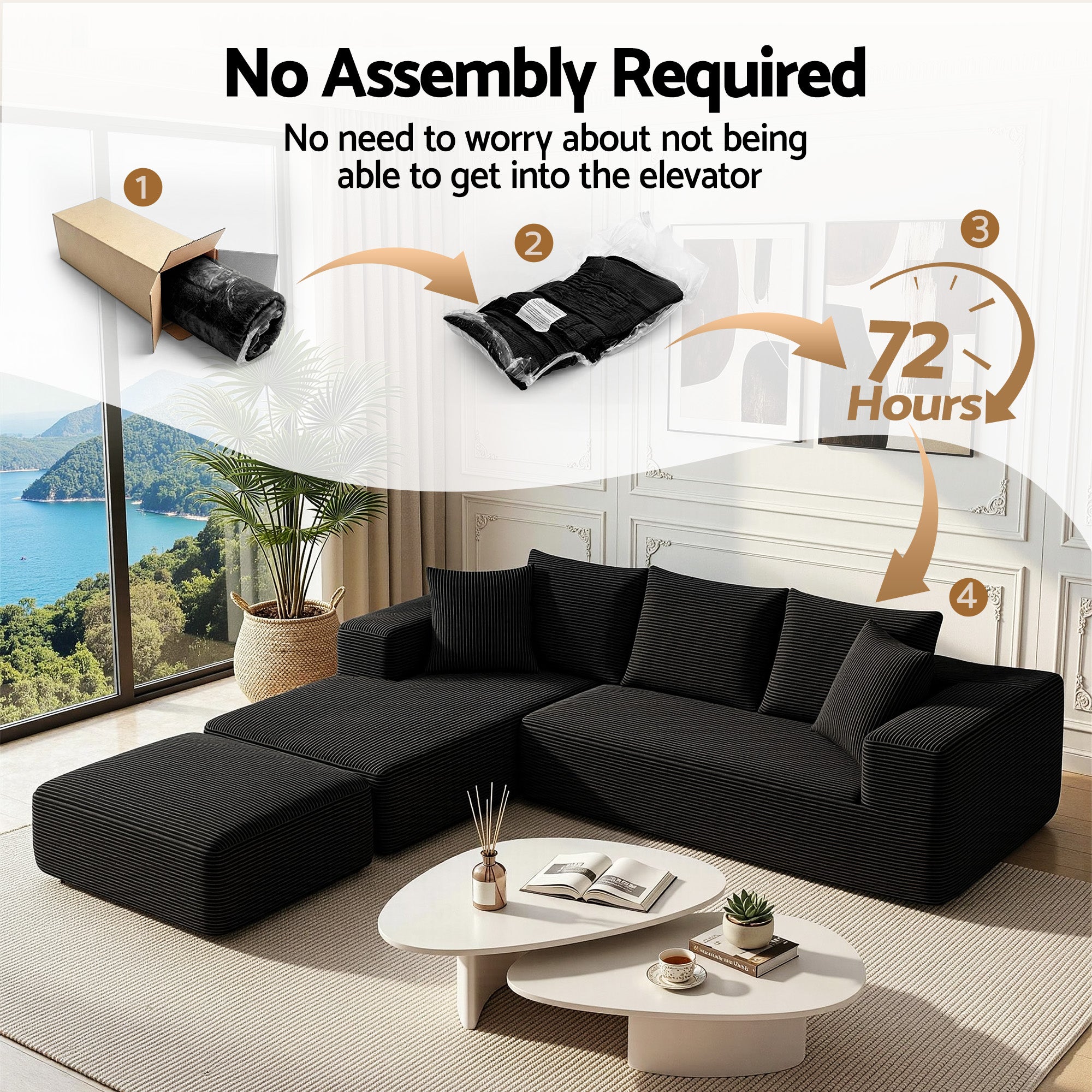 Artiss Modular Sofa Bed with Ottoman Sectional Boneless Couches for Living Room Corduroy Compressed Sofa Black-Furniture > Sofas > Sofas & Sofa Beds-PEROZ Accessories