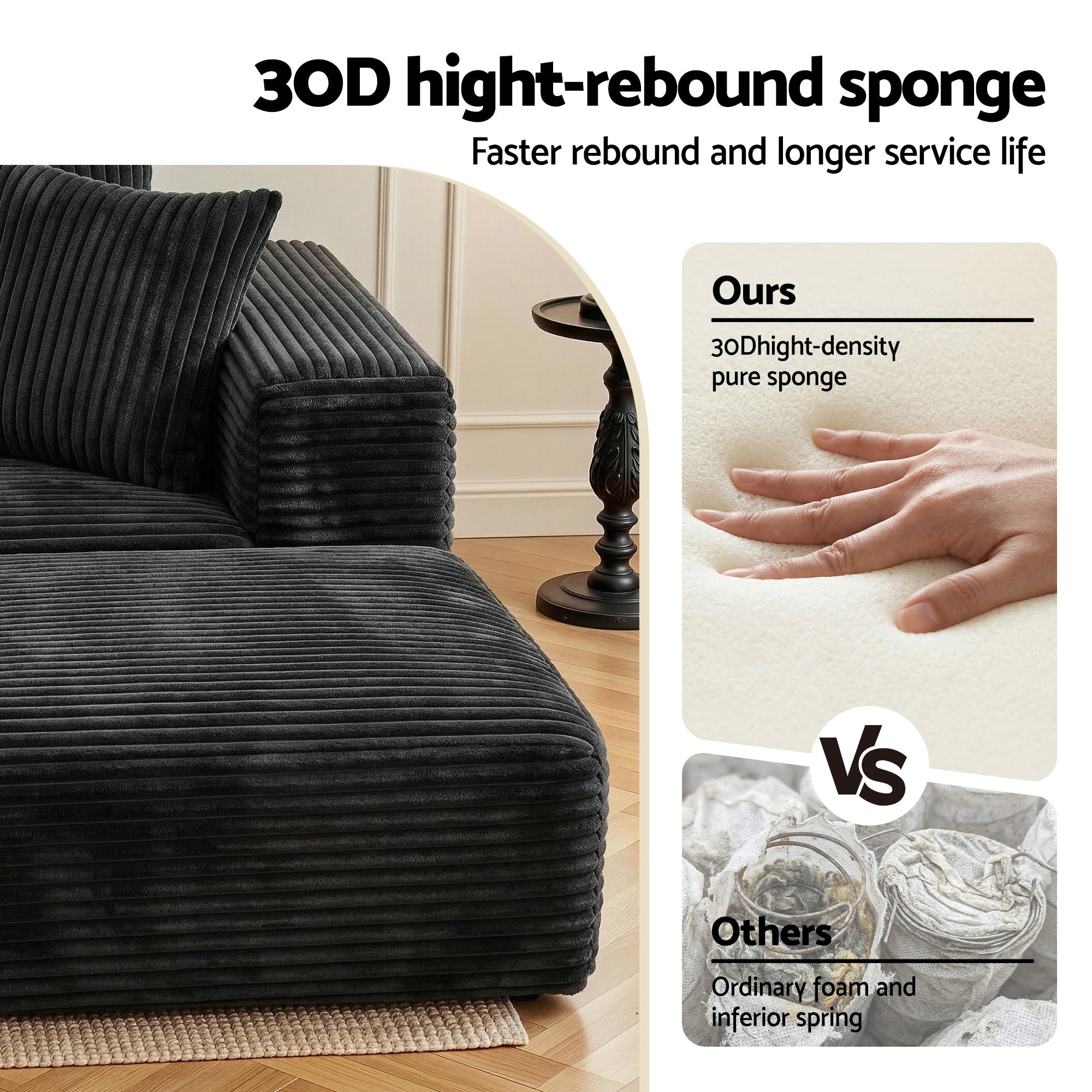 Artiss Modular Sofa Bed with Ottoman Sectional Boneless Couches for Living Room Corduroy Compressed Sofa Black-Furniture > Sofas > Sofas & Sofa Beds-PEROZ Accessories