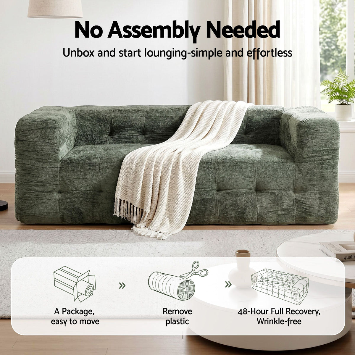 Artiss Comfort Boneless Sofa for Living Room Green Luxury Chenille-Furniture > Sofas > Sofas & Sofa Beds-PEROZ Accessories