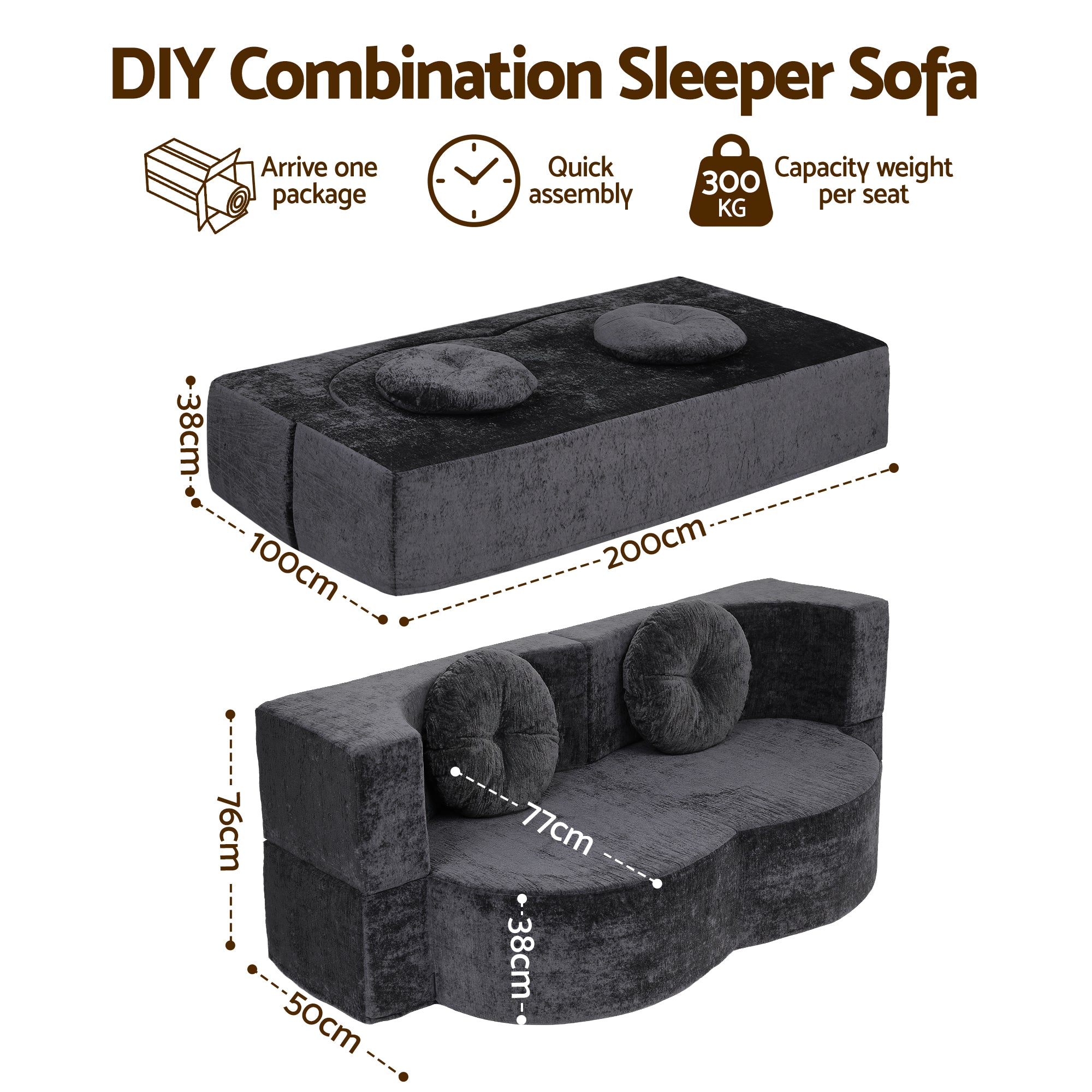 Artiss 2 in 1 Convertible Compressed Sofa Bed, Folding Boneless Sofabed for Living Room ,Comfort Curved Sleeper Couch with High Density Sponge, Apartment Essentials, No Assembly, 2 Pillows, Grey-Furniture > Sofas > Sofas & Sofa Beds-PEROZ Accessories