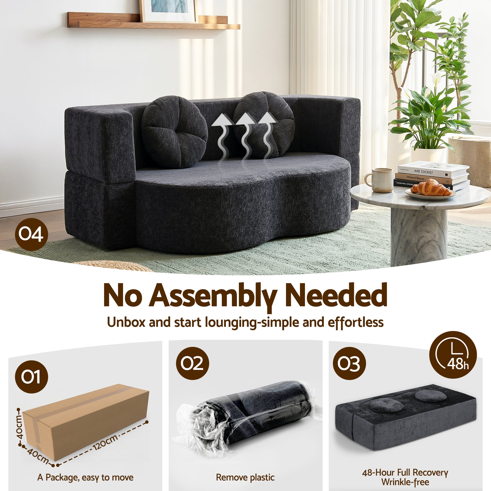 Artiss 2 in 1 Convertible Compressed Sofa Bed, Folding Boneless Sofabed for Living Room ,Comfort Curved Sleeper Couch with High Density Sponge, Apartment Essentials, No Assembly, 2 Pillows, Grey-Furniture > Sofas > Sofas & Sofa Beds-PEROZ Accessories