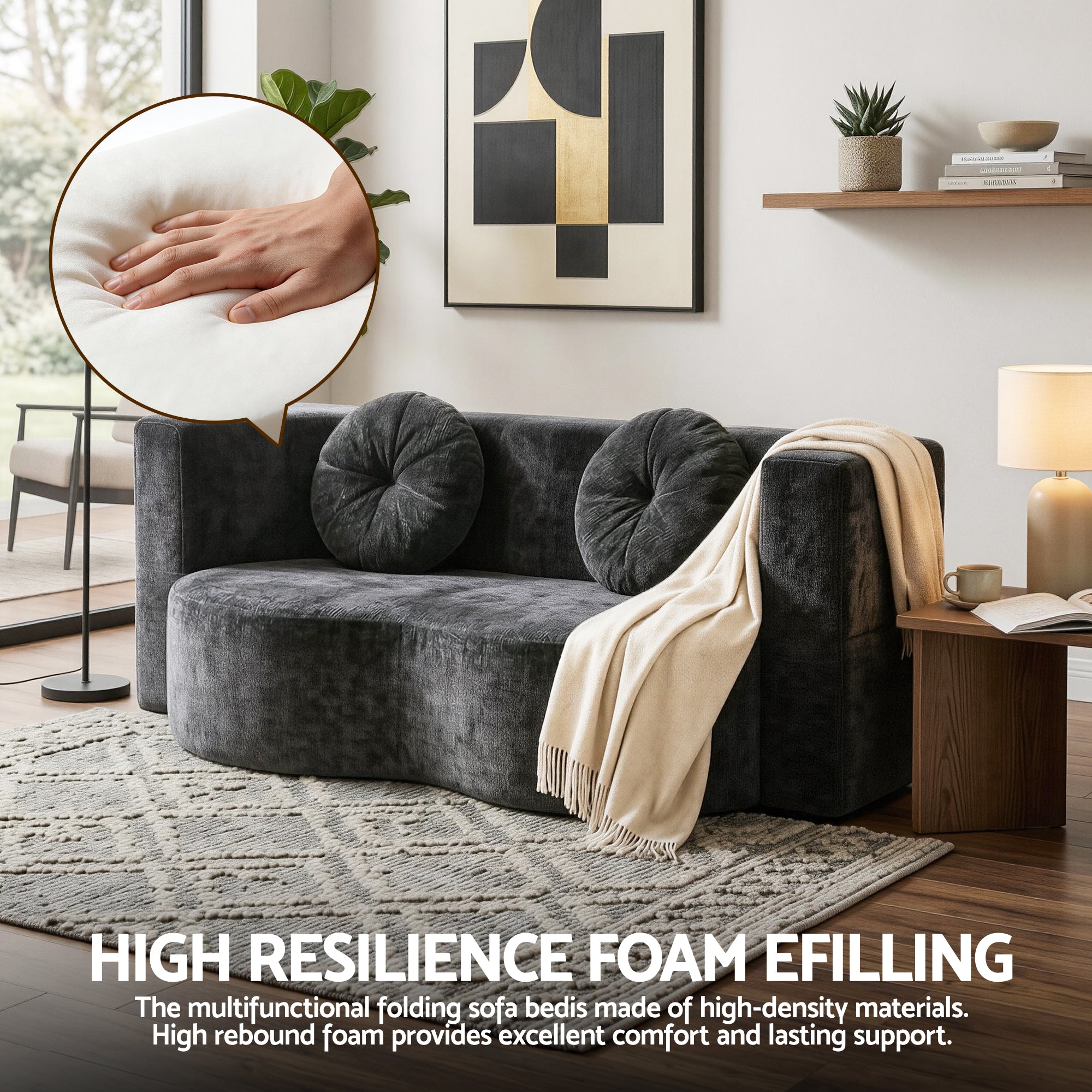 Artiss 2 in 1 Convertible Compressed Sofa Bed, Folding Boneless Sofabed for Living Room ,Comfort Curved Sleeper Couch with High Density Sponge, Apartment Essentials, No Assembly, 2 Pillows, Grey-Furniture > Sofas > Sofas & Sofa Beds-PEROZ Accessories