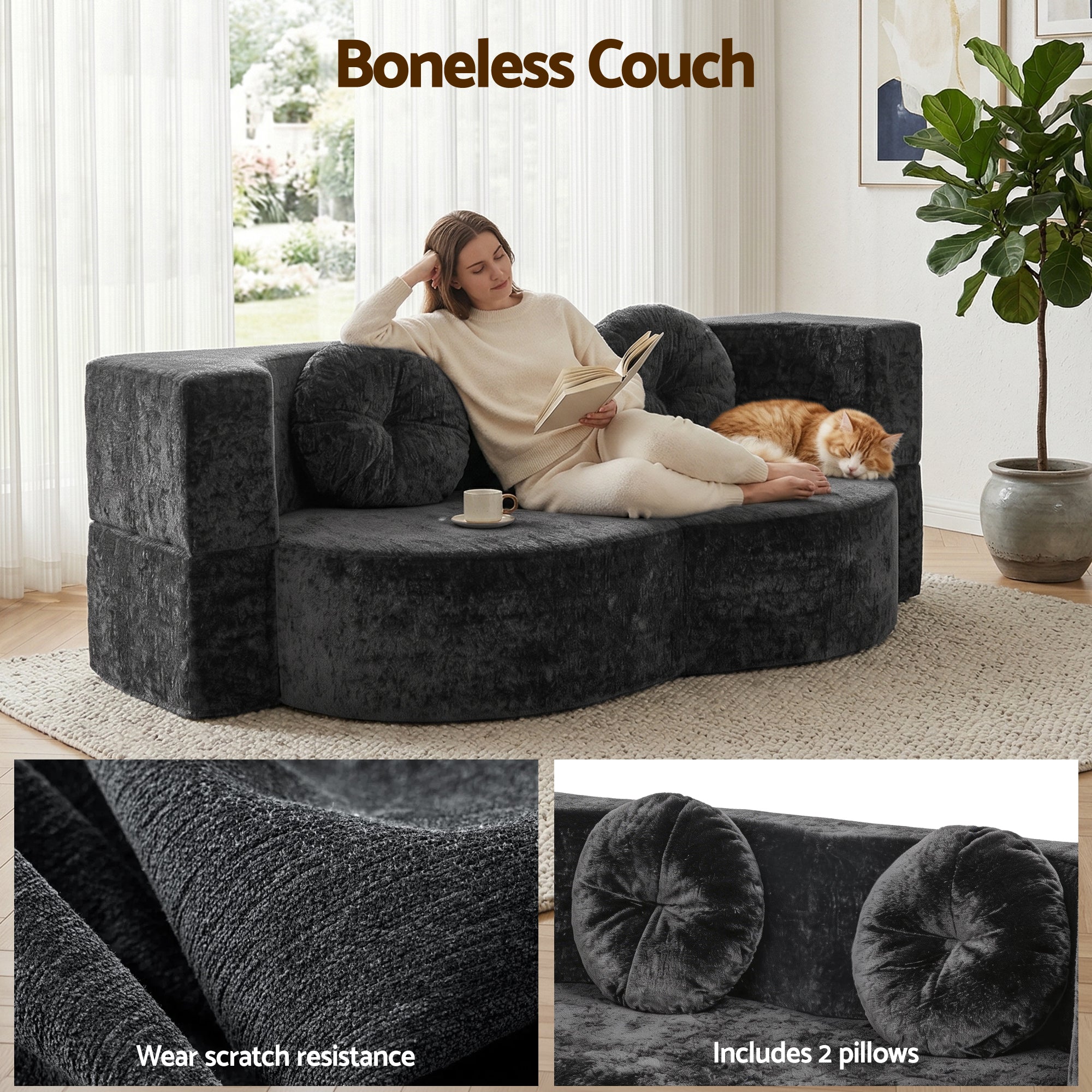 Artiss 2 in 1 Convertible Compressed Sofa Bed, Folding Boneless Sofabed for Living Room ,Comfort Curved Sleeper Couch with High Density Sponge, Apartment Essentials, No Assembly, 2 Pillows, Grey-Furniture > Sofas > Sofas & Sofa Beds-PEROZ Accessories