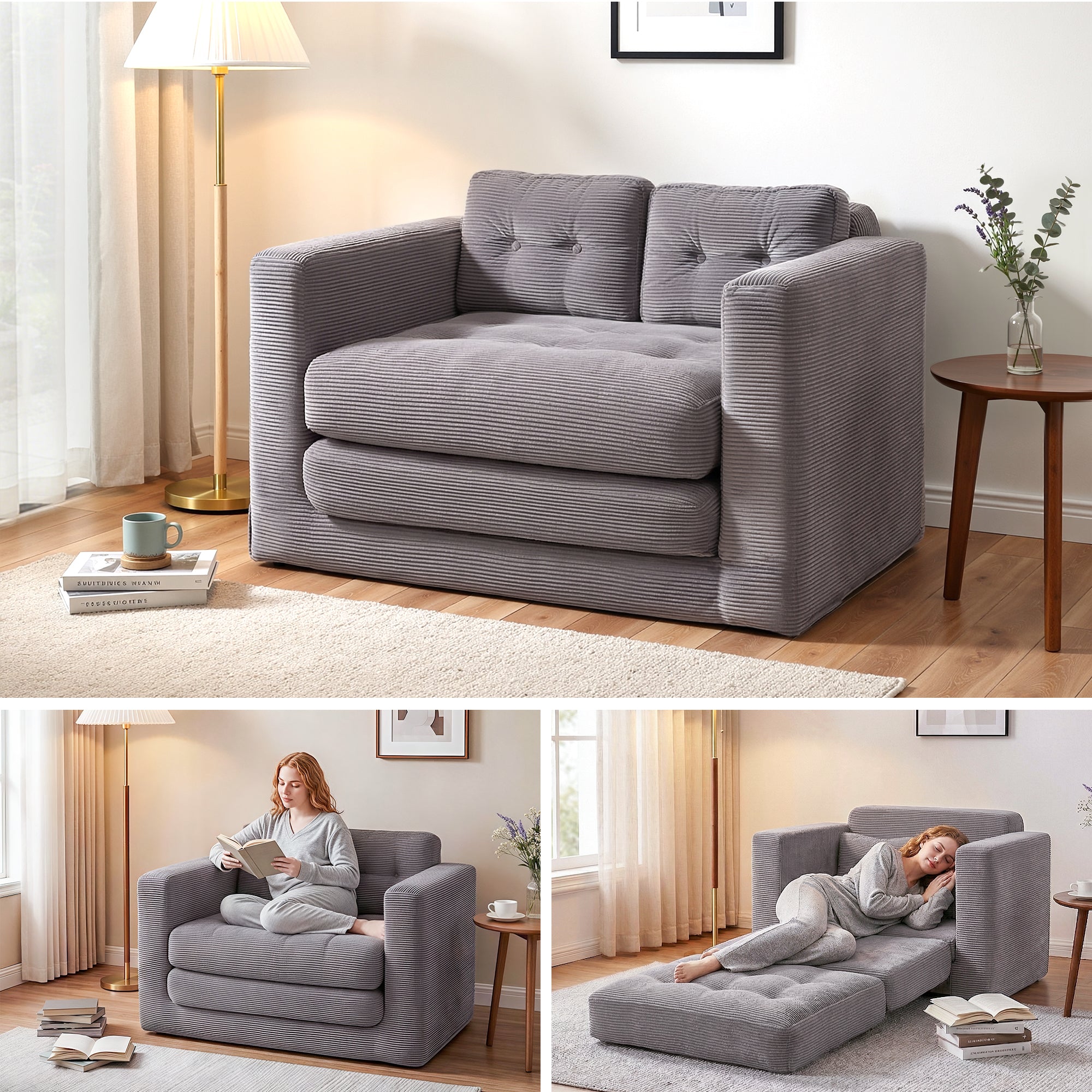 Artiss 2 Seater Corduroy Convertible Sofa Bed Pull Out Boneless Couch Grey-Furniture > Sofas > Sofas & Sofa Beds-PEROZ Accessories