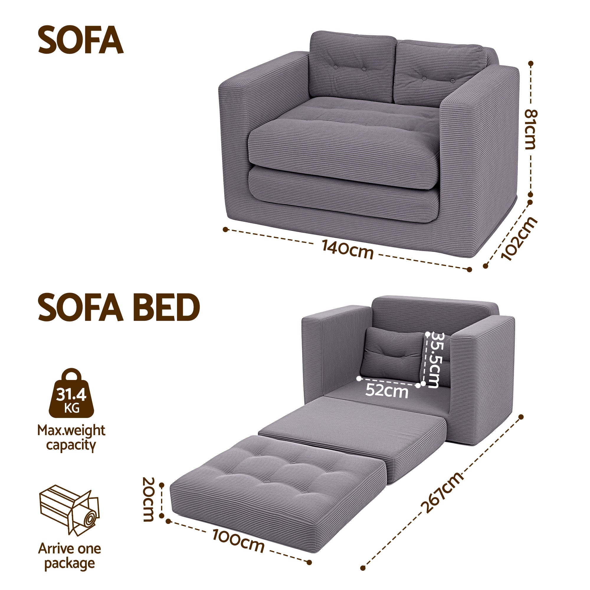 Artiss 2 Seater Corduroy Convertible Sofa Bed Pull Out Boneless Couch Grey-Furniture > Sofas > Sofas & Sofa Beds-PEROZ Accessories