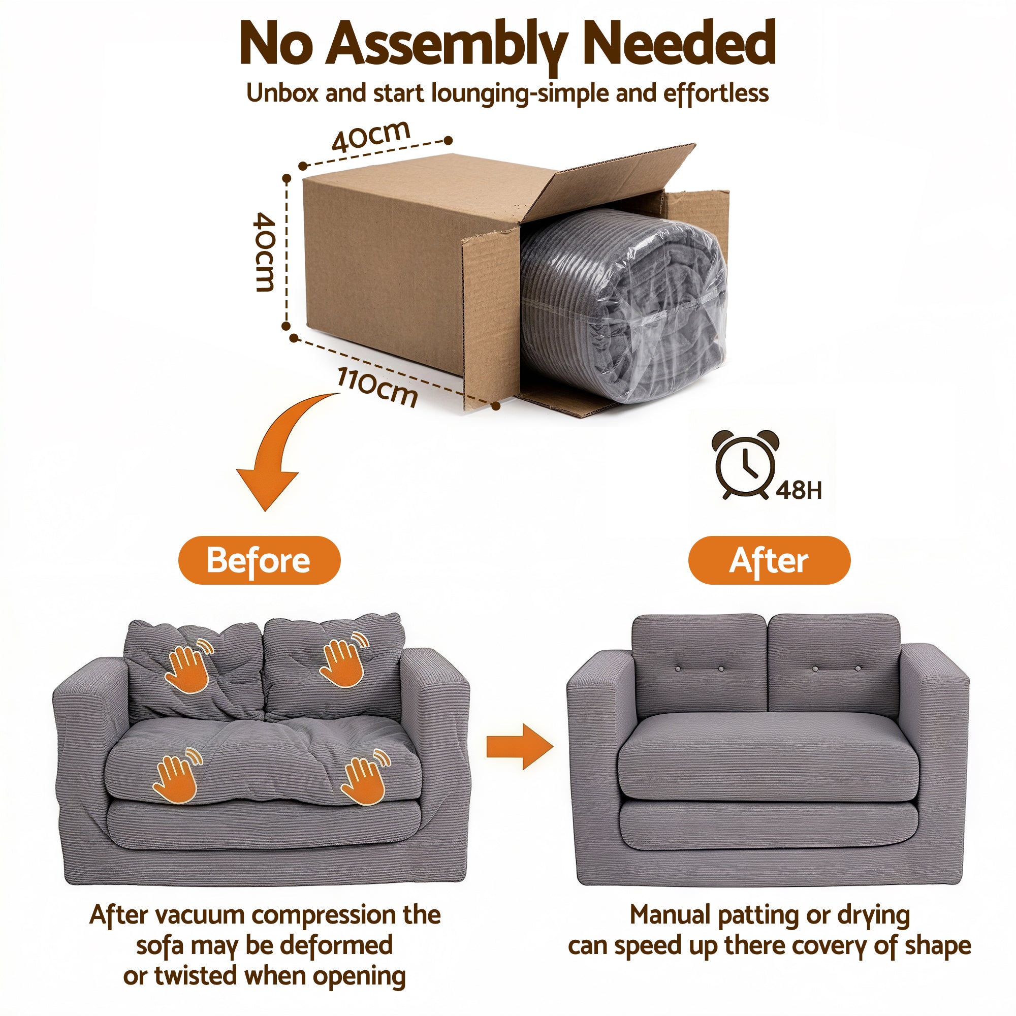 Artiss 2 Seater Corduroy Convertible Sofa Bed Pull Out Boneless Couch Grey-Furniture > Sofas > Sofas & Sofa Beds-PEROZ Accessories