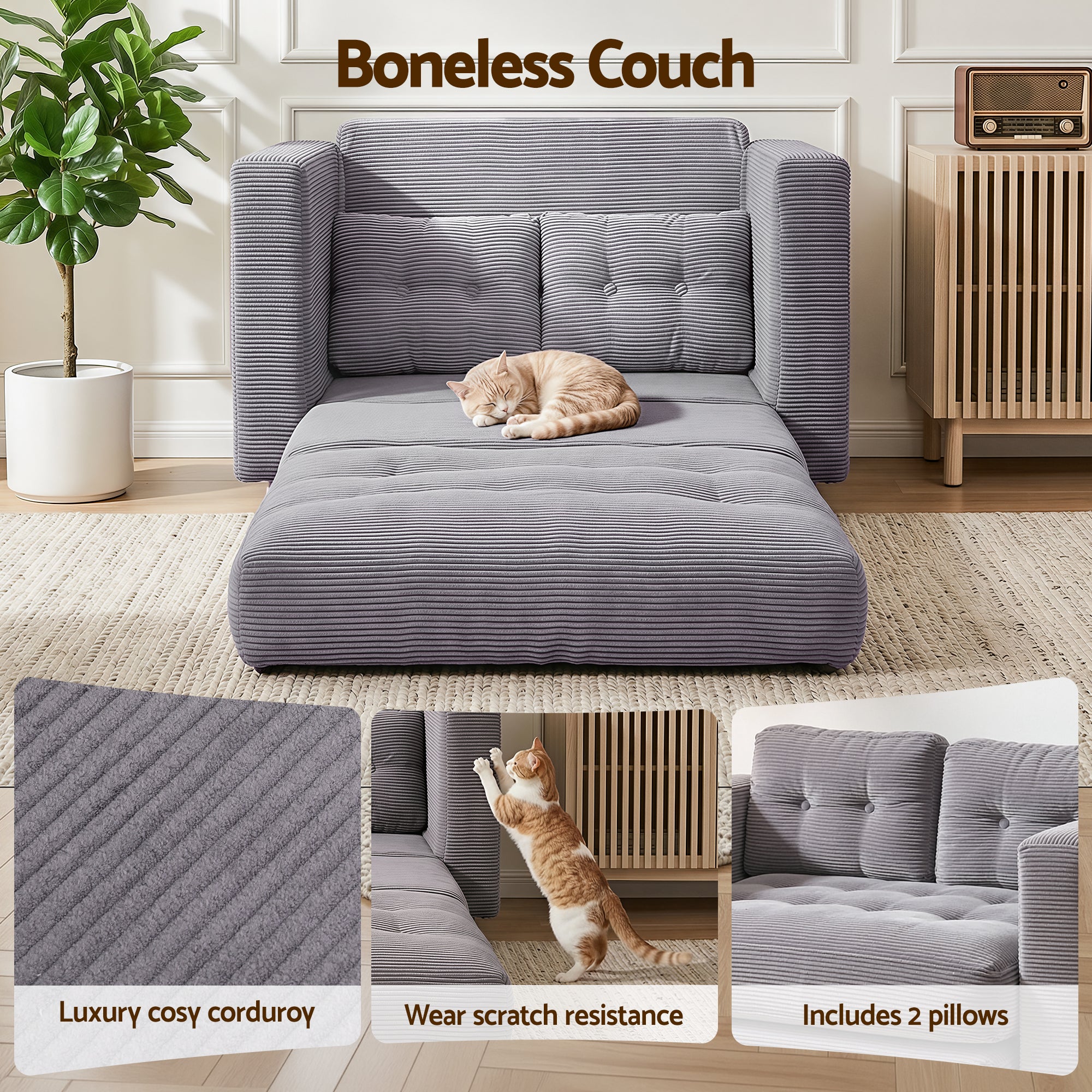 Artiss 2 Seater Corduroy Convertible Sofa Bed Pull Out Boneless Couch Grey-Furniture > Sofas > Sofas & Sofa Beds-PEROZ Accessories
