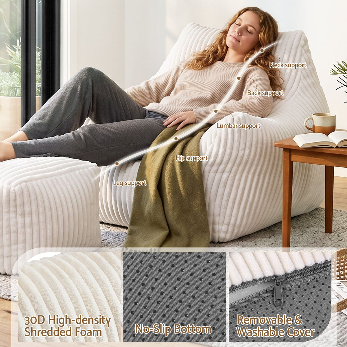 Artiss Bean Bag Sofa w/Ottoman Corduroy for Adults Teens White-Furniture > Sofas > Sofas & Sofa Beds-PEROZ Accessories