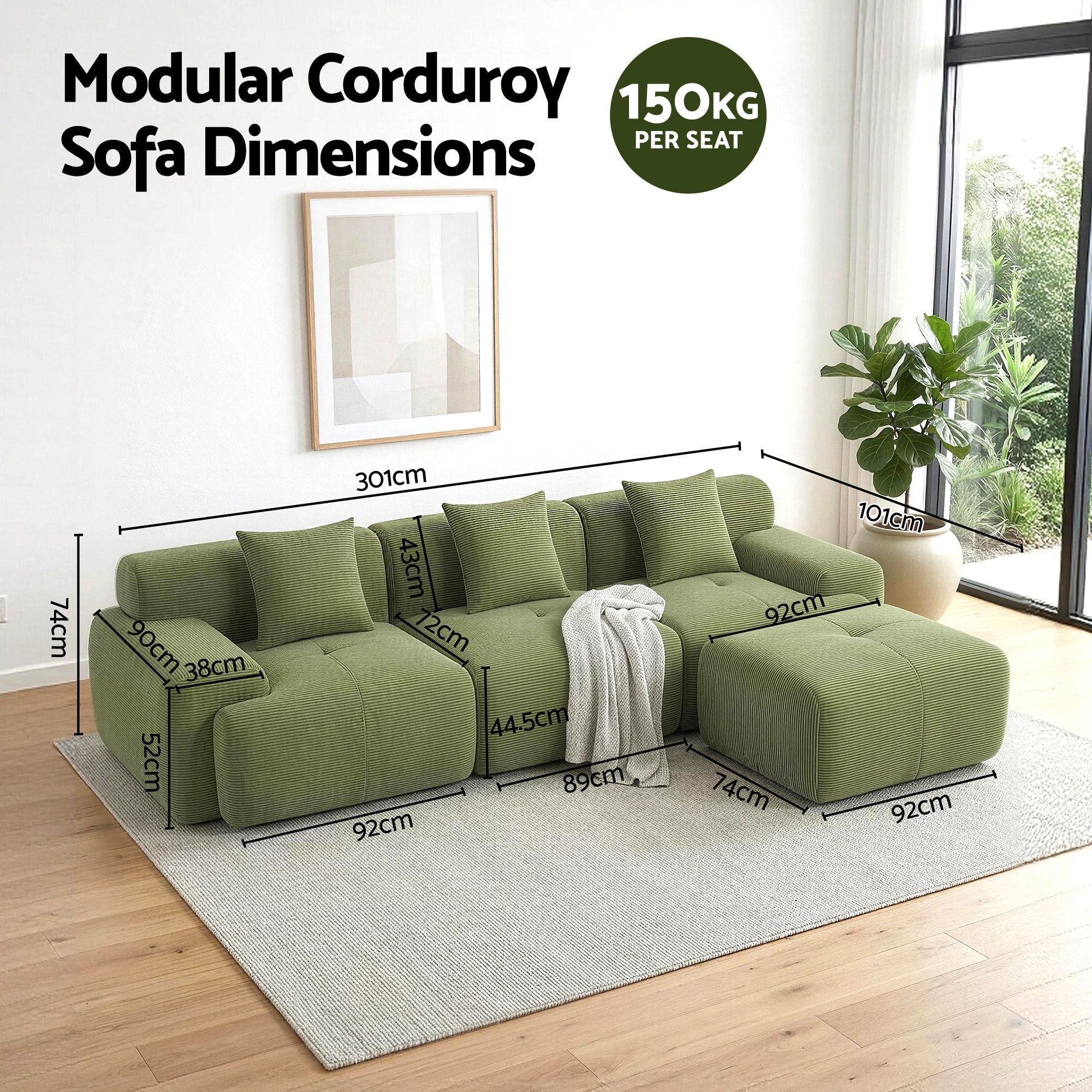 Artiss 300cm Modular Sofa Bed Comfort L-Shaped Sectional Boneless Couch Green-Furniture > Sofas > Sofas & Sofa Beds-PEROZ Accessories