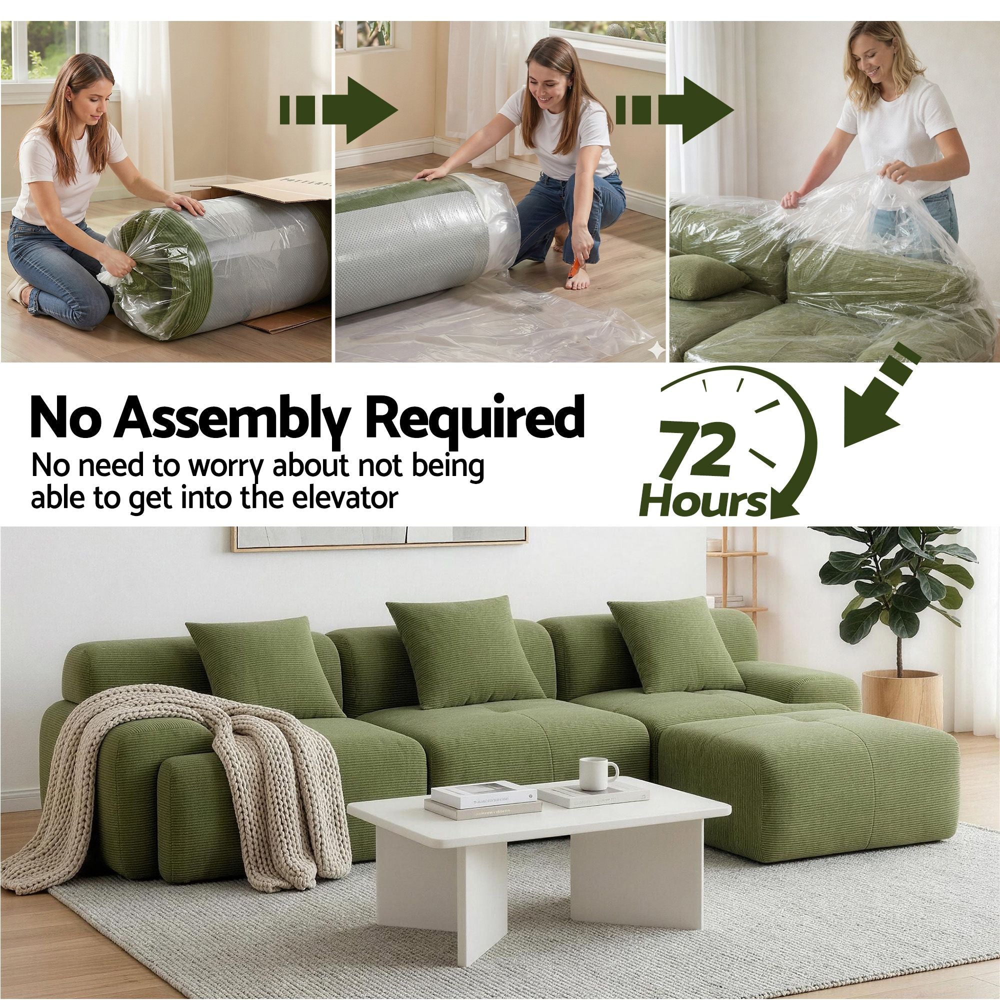 Artiss 300cm Modular Sofa Bed Comfort L-Shaped Sectional Boneless Couch Green-Furniture > Sofas > Sofas & Sofa Beds-PEROZ Accessories